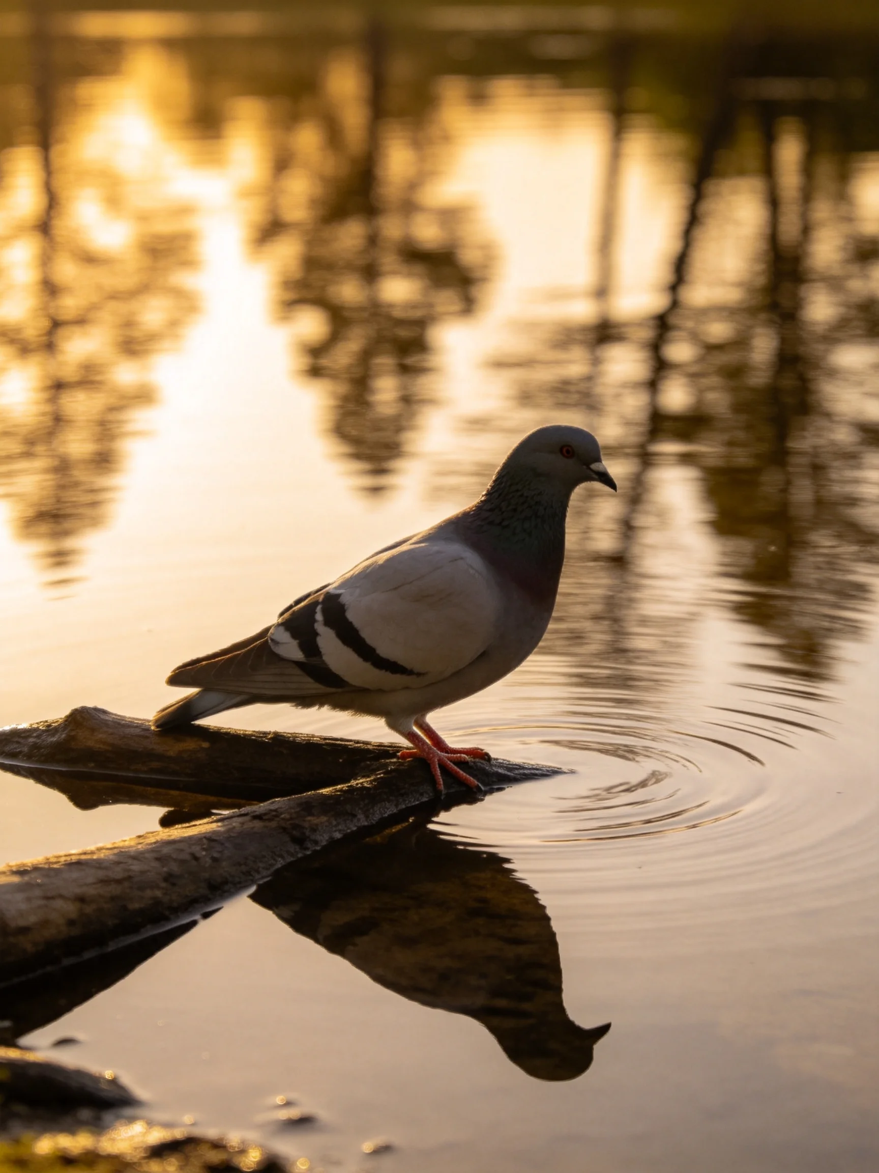 A pigeon perched on a log by reflective water during golden hour