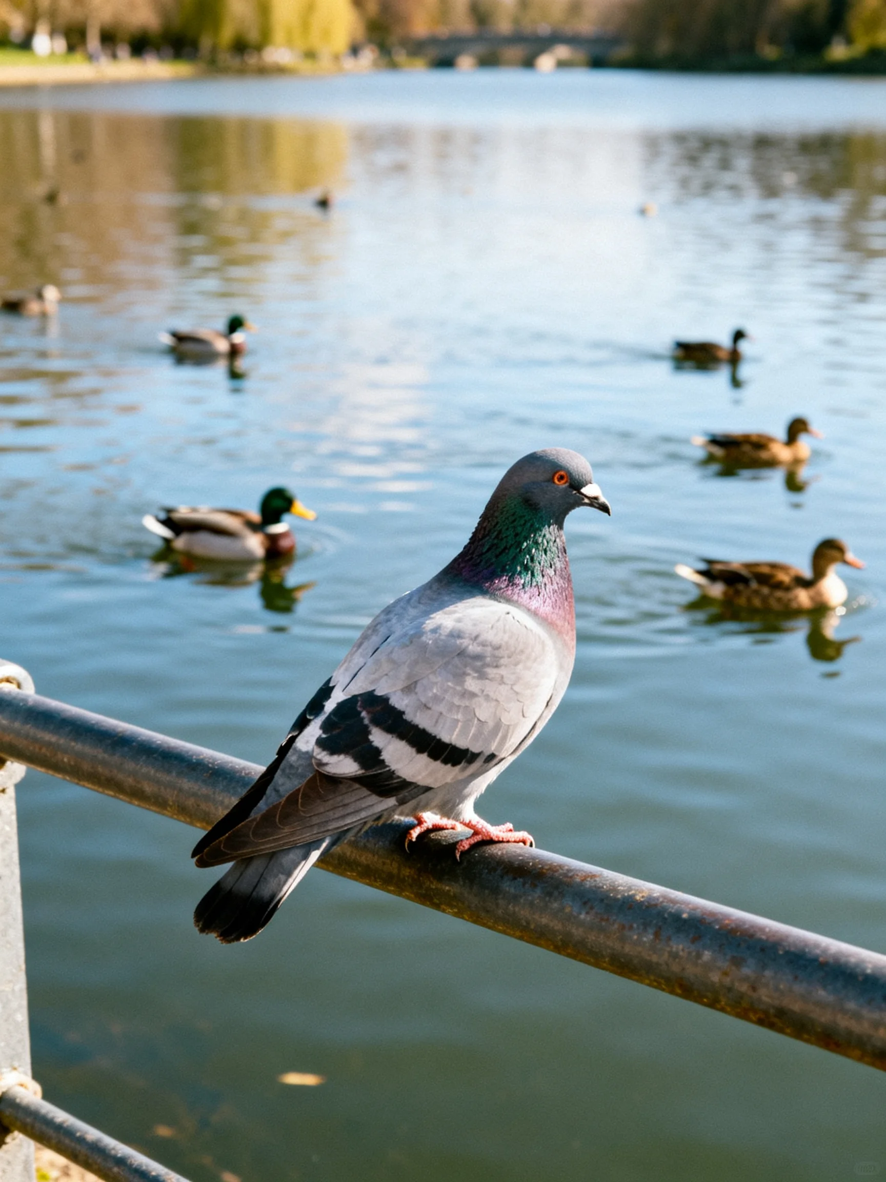 A pigeon perched on a metal railing near swimming ducks in a calm lake