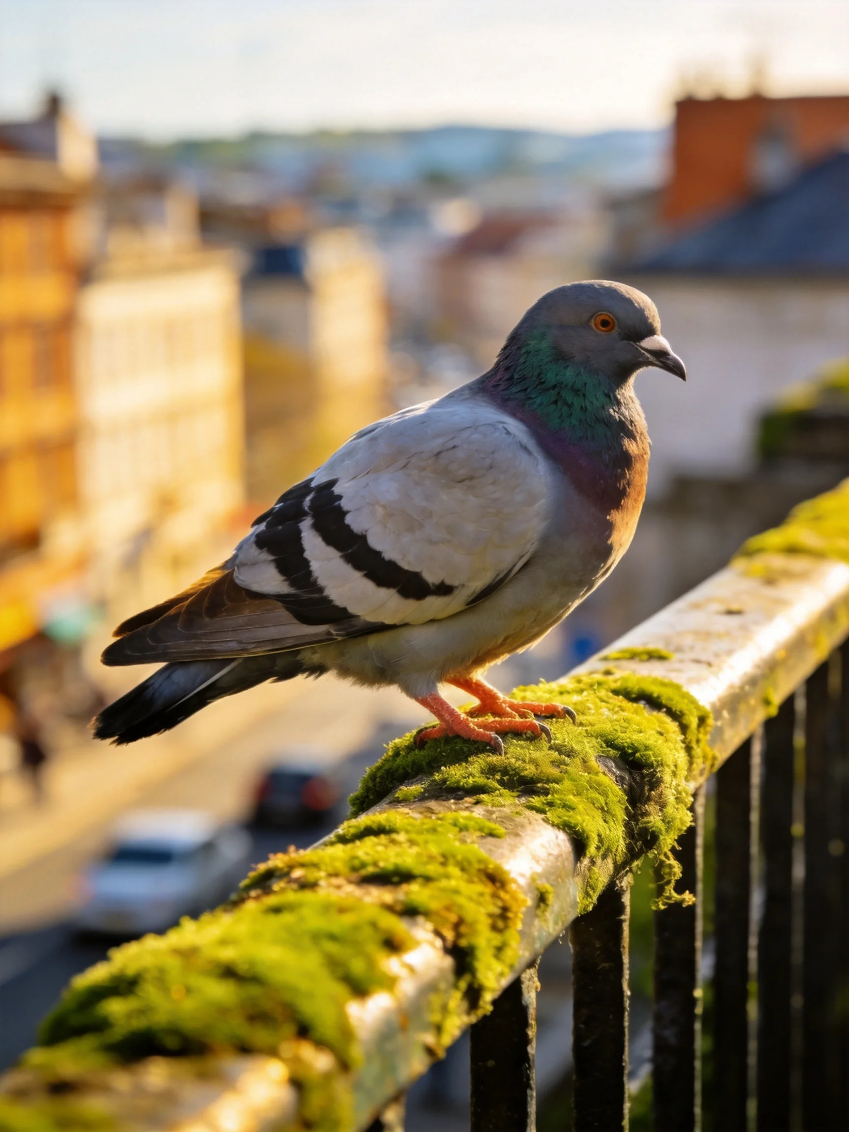 A pigeon perched on a moss-covered railing overlooking a sunlit city