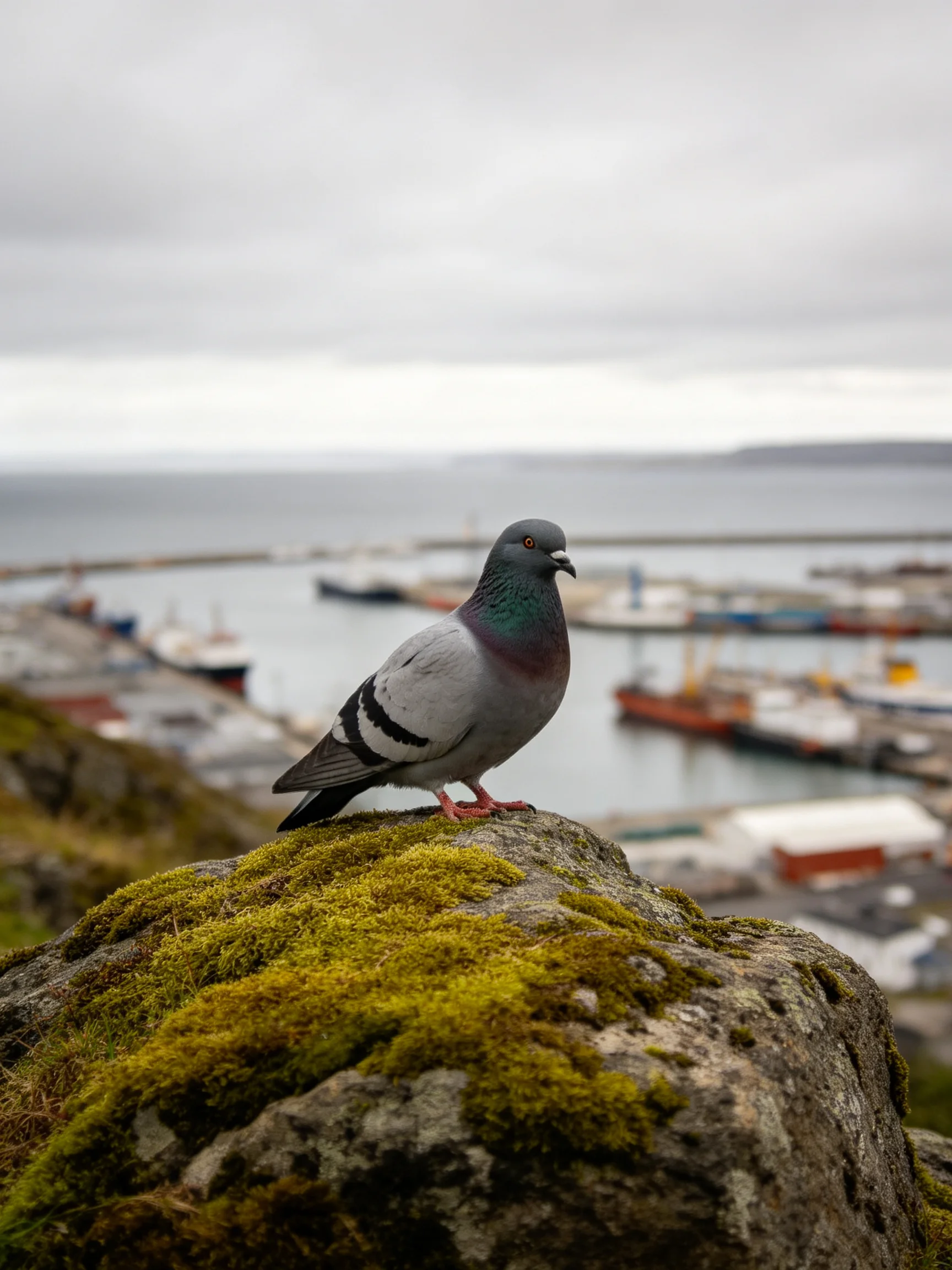 A pigeon perched on a moss-covered rock overlooking a harbor