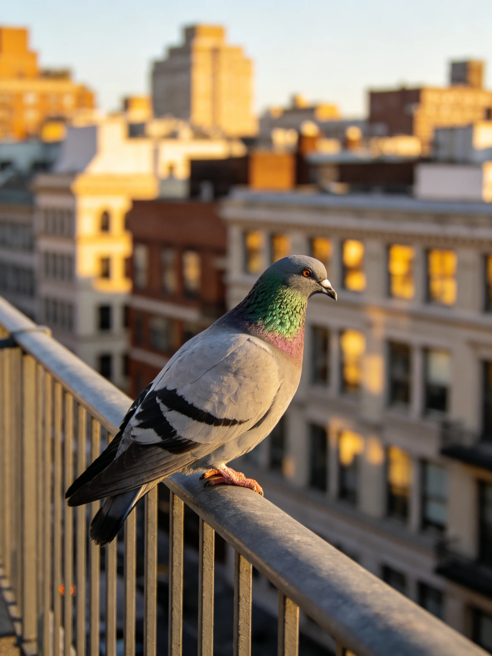 A pigeon perched on a railing with sunlit city buildings
