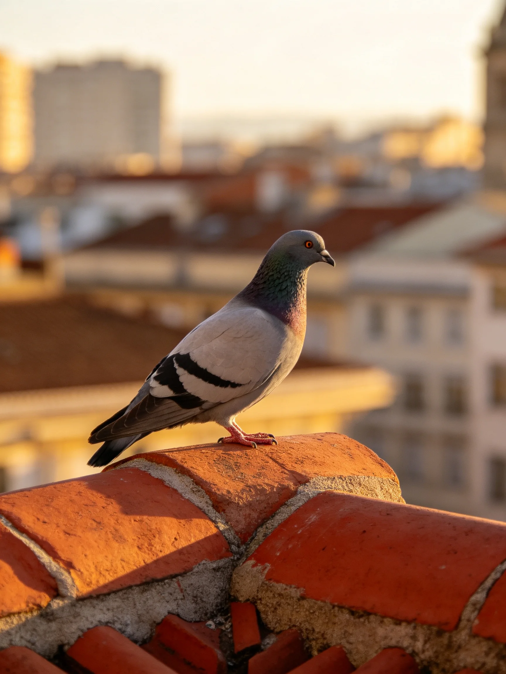 A pigeon perched on a red-brick rooftop near urban buildings