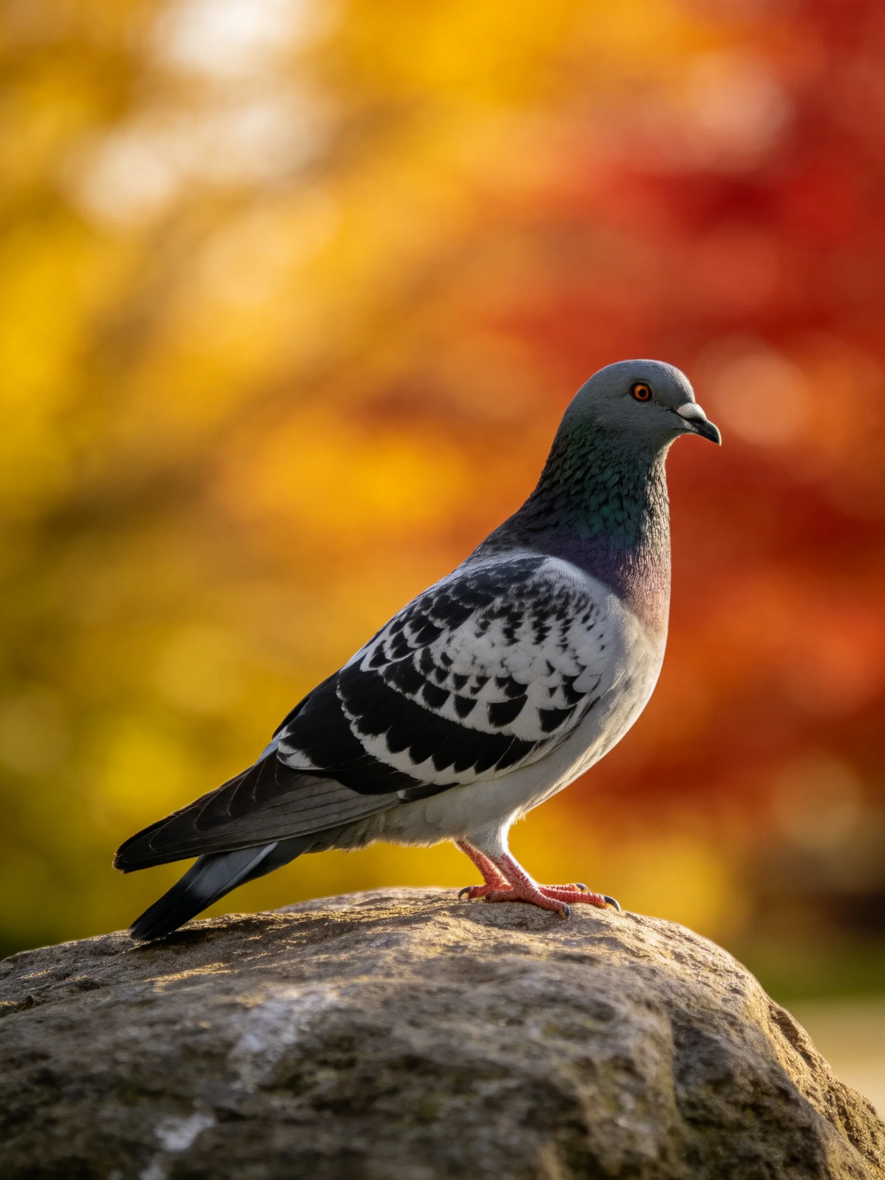 A pigeon perched on a rock with vibrant autumn foliage