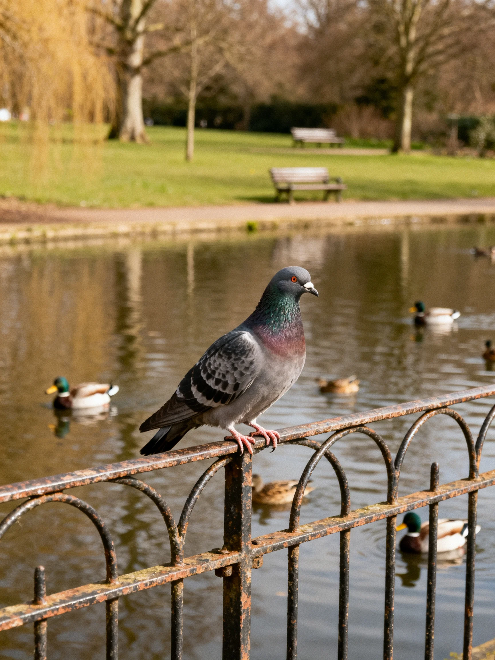 A pigeon perched on a rusty fence near swimming ducks in a serene park