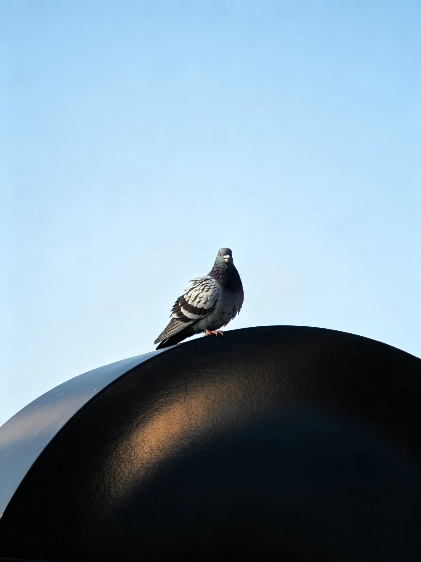 A pigeon perched on a sleek black dome under bright blue sky
