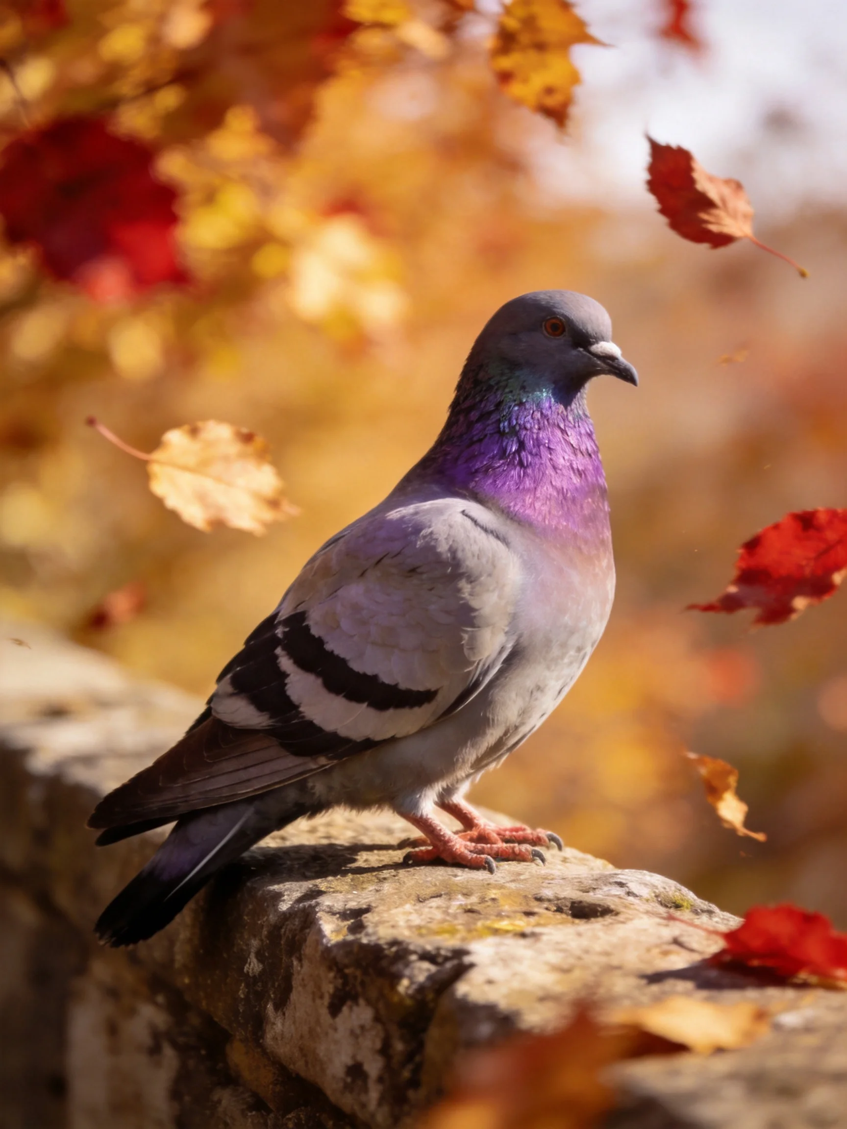 A pigeon perched on a stone ledge amid vibrant autumn foliage