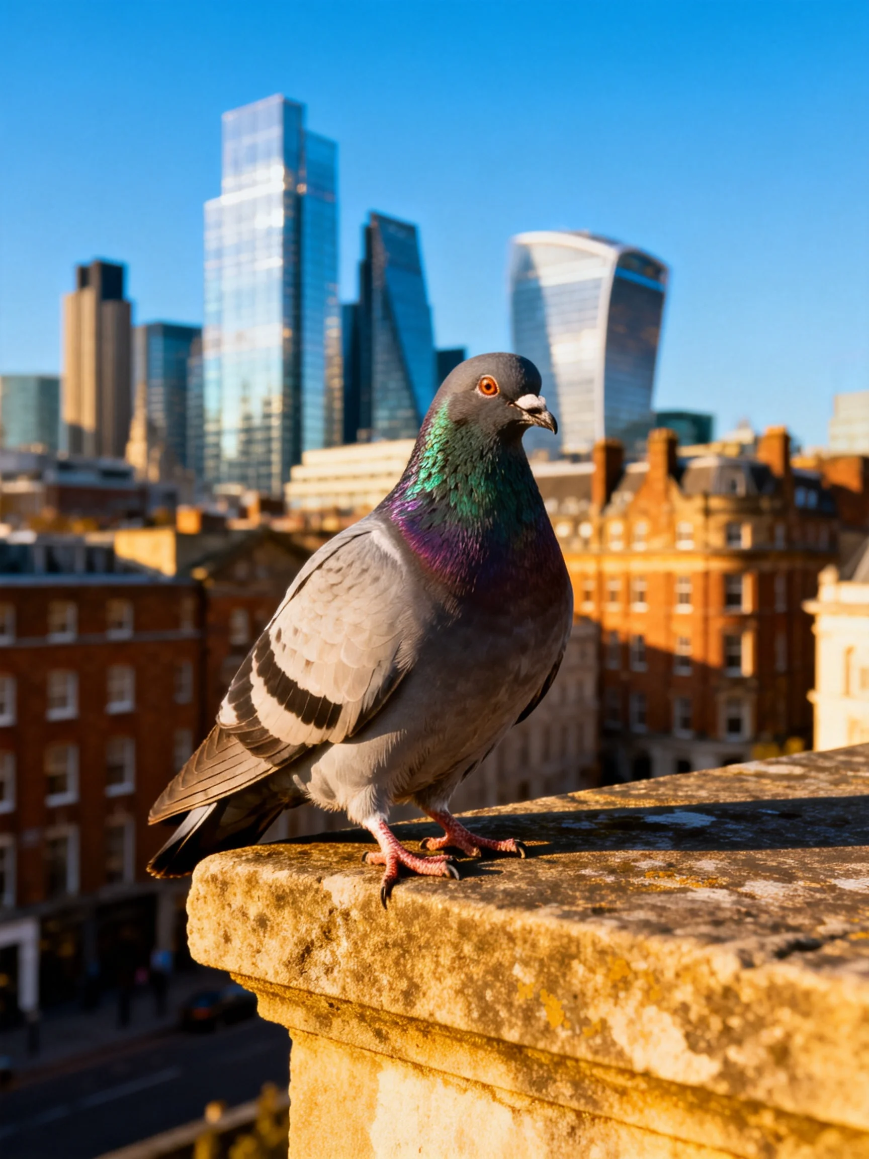 A pigeon perched on a stone ledge with modern and historic city skyline
