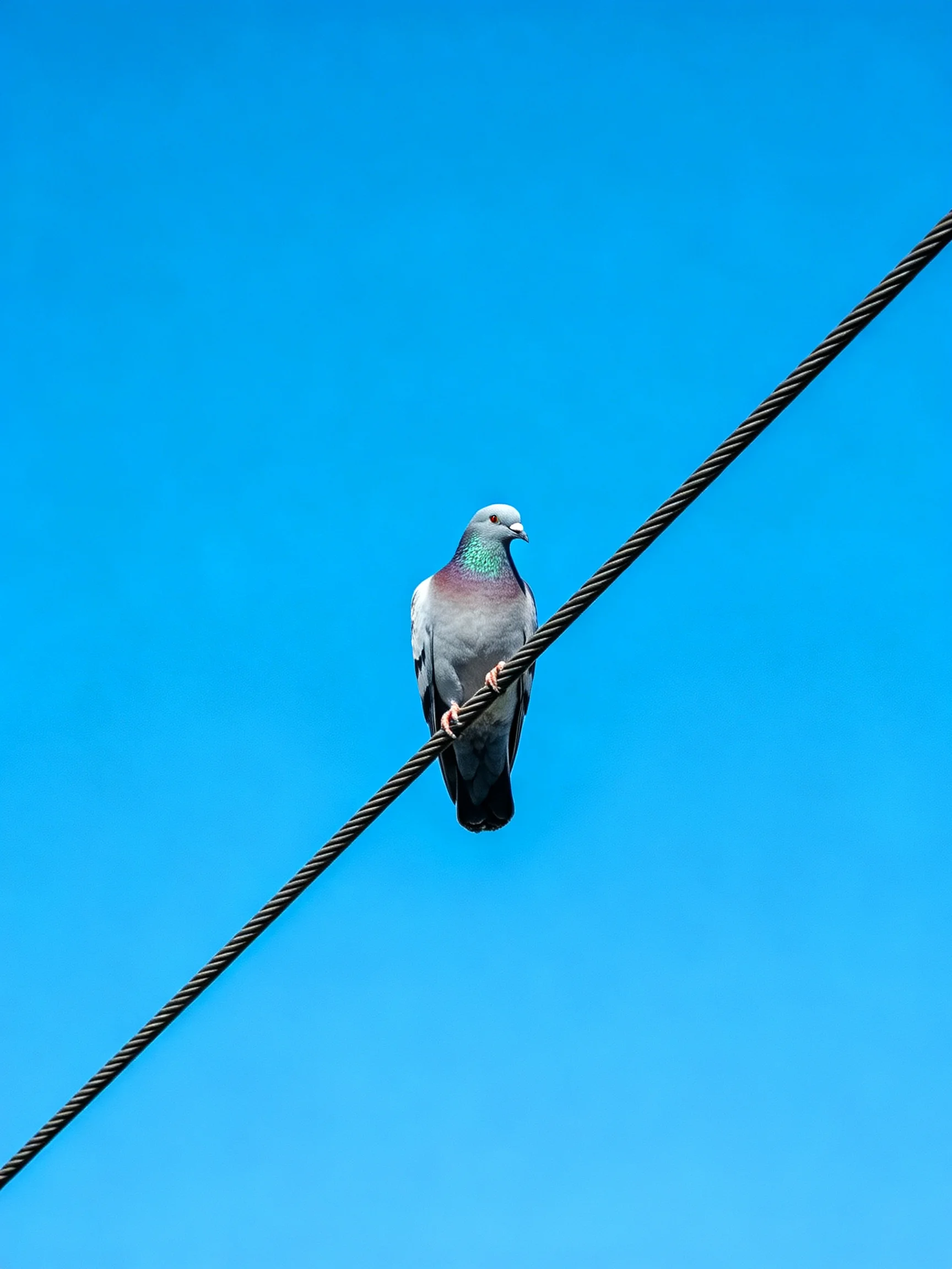 A pigeon perched on a thick black wire against vibrant blue sky
