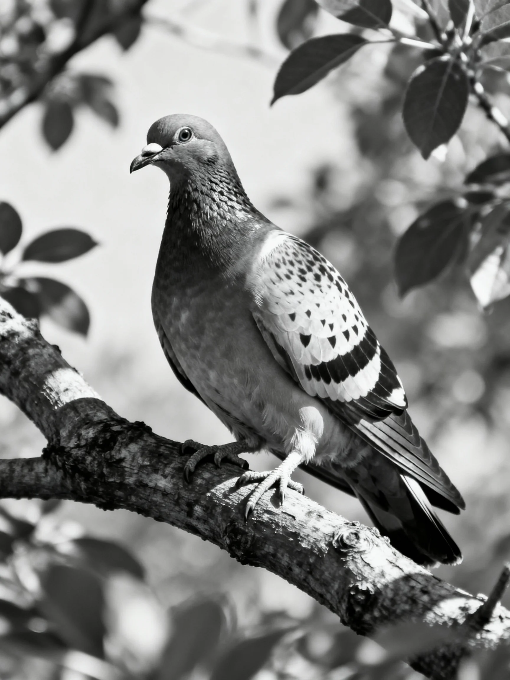 A pigeon perched on a thick tree branch with distinct feather patterns
