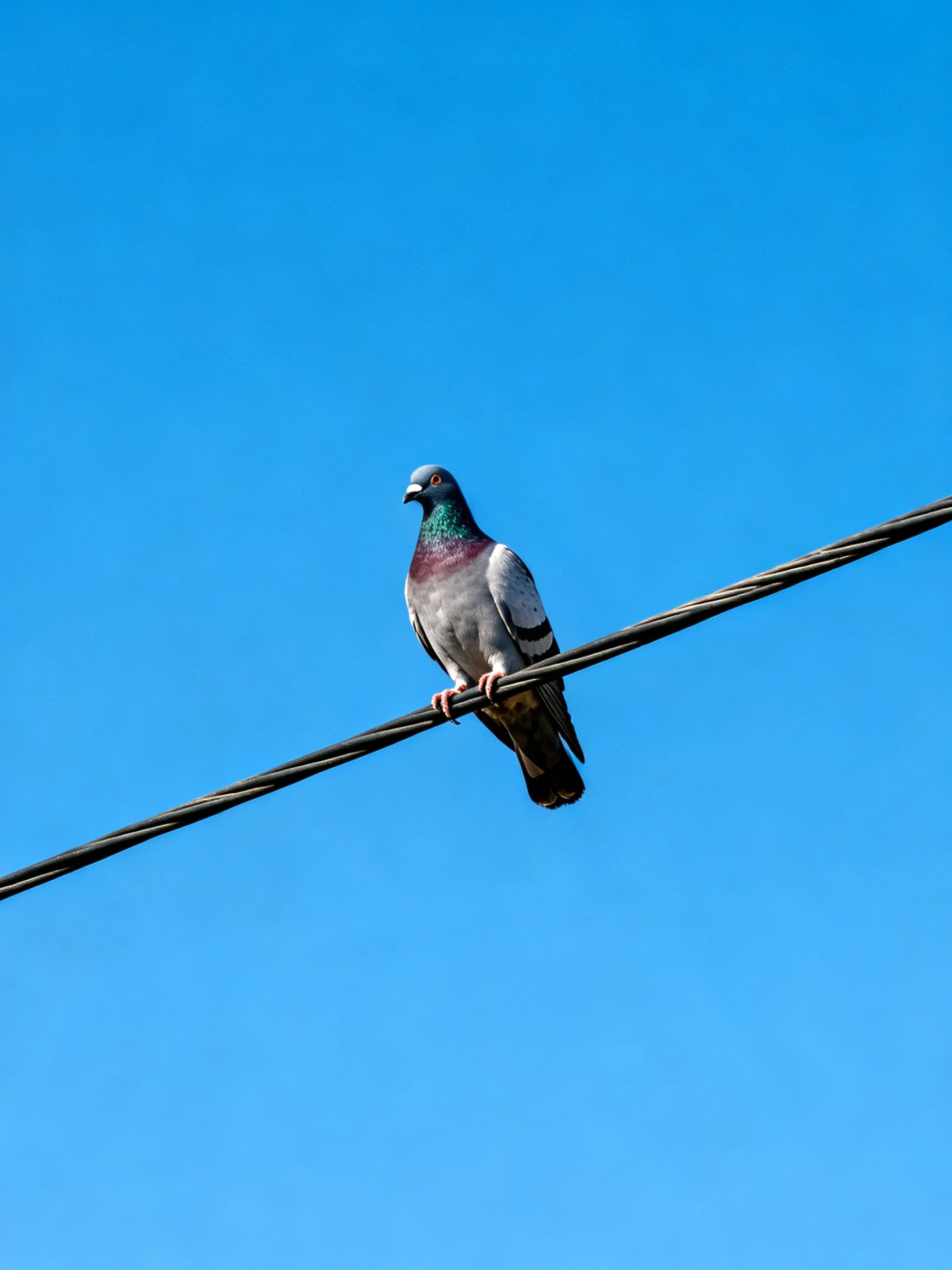 A pigeon perched on a thick wire against a clear blue sky