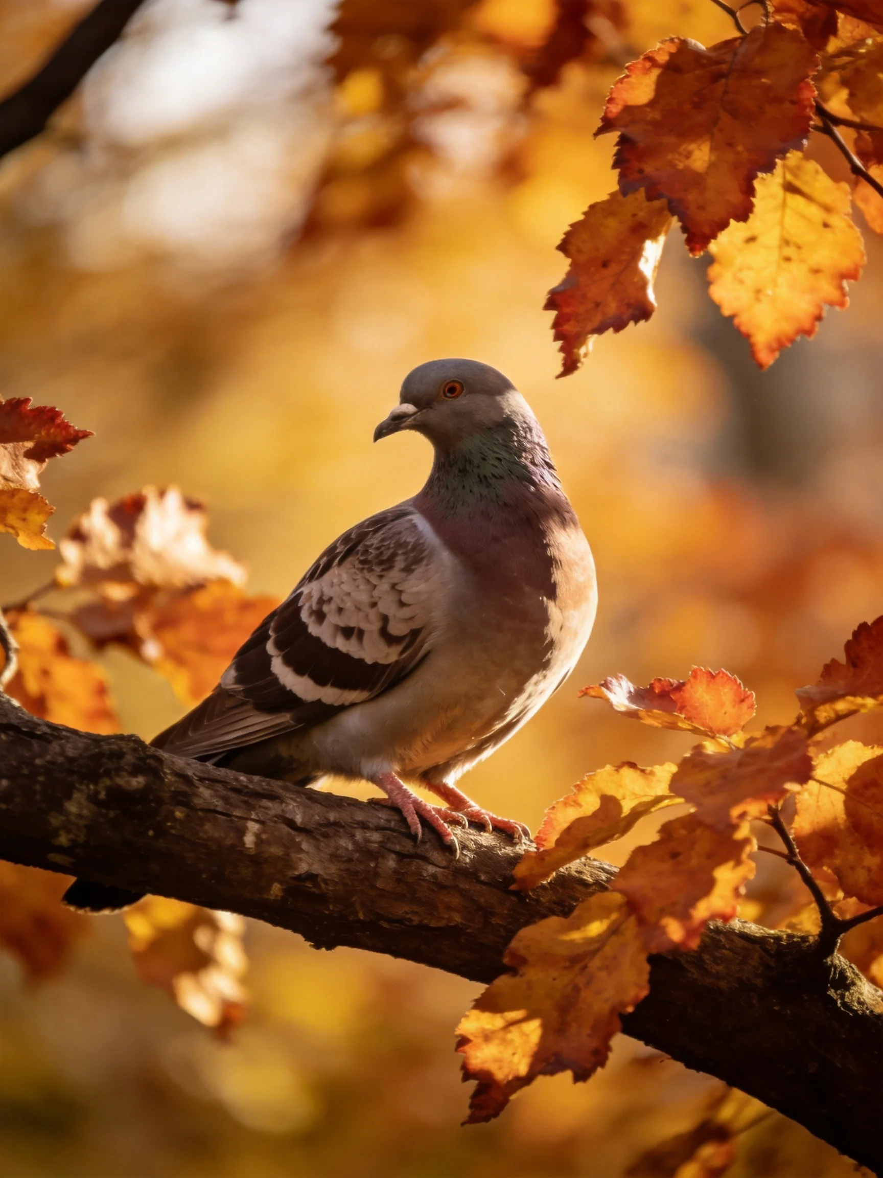A pigeon perched on a tree branch amidst golden autumn foliage