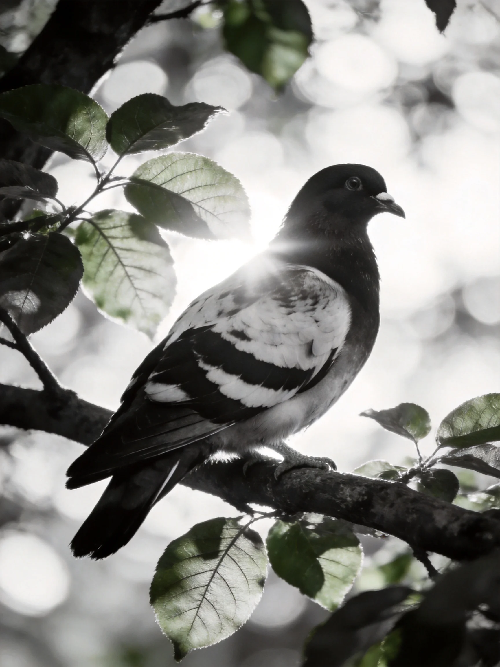 A pigeon perched on a tree branch with green foliage and sunlight filtering