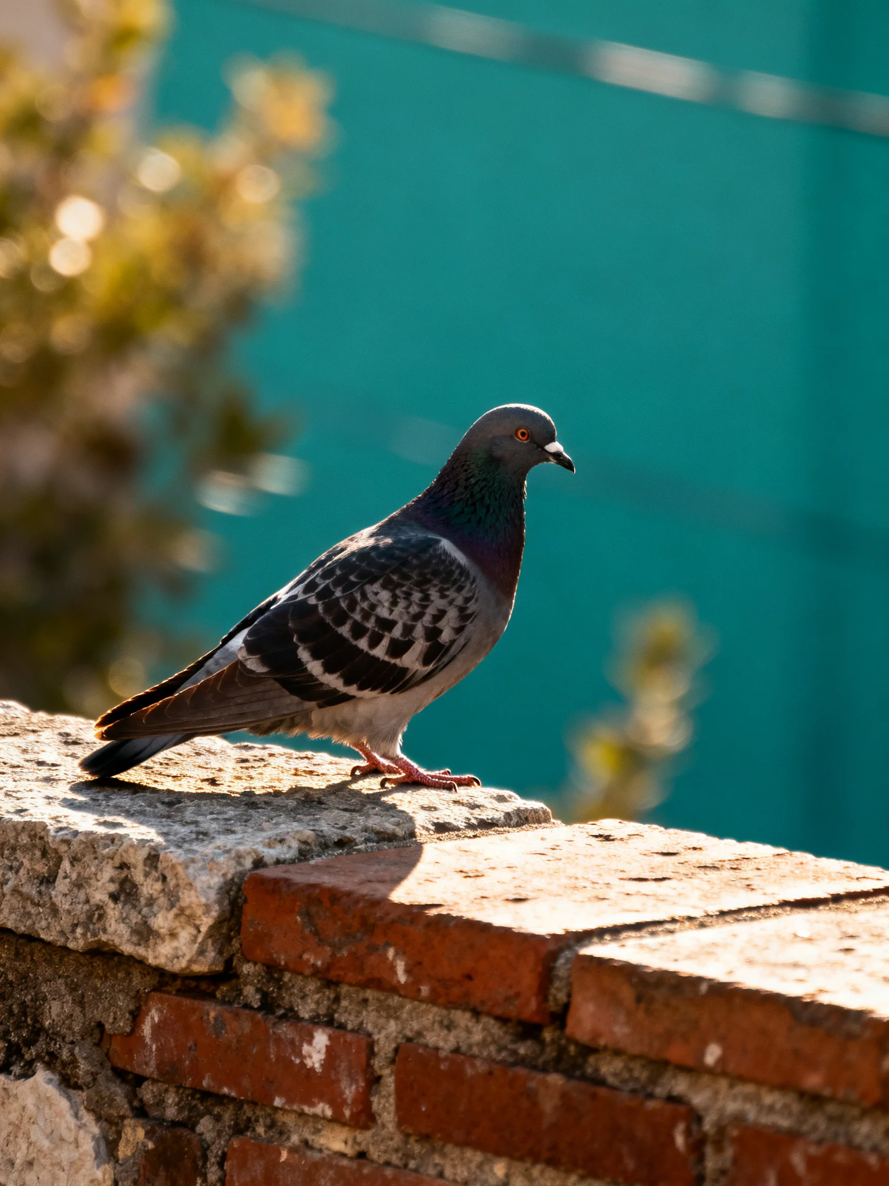 A pigeon perched on a weathered brick and stone ledge with a turquoise backdrop