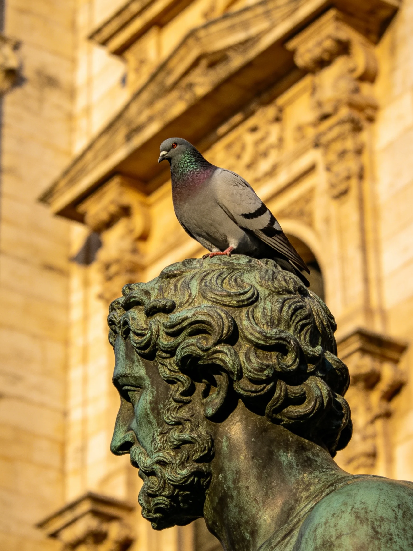 A pigeon rests on a detailed statue near a historic building.