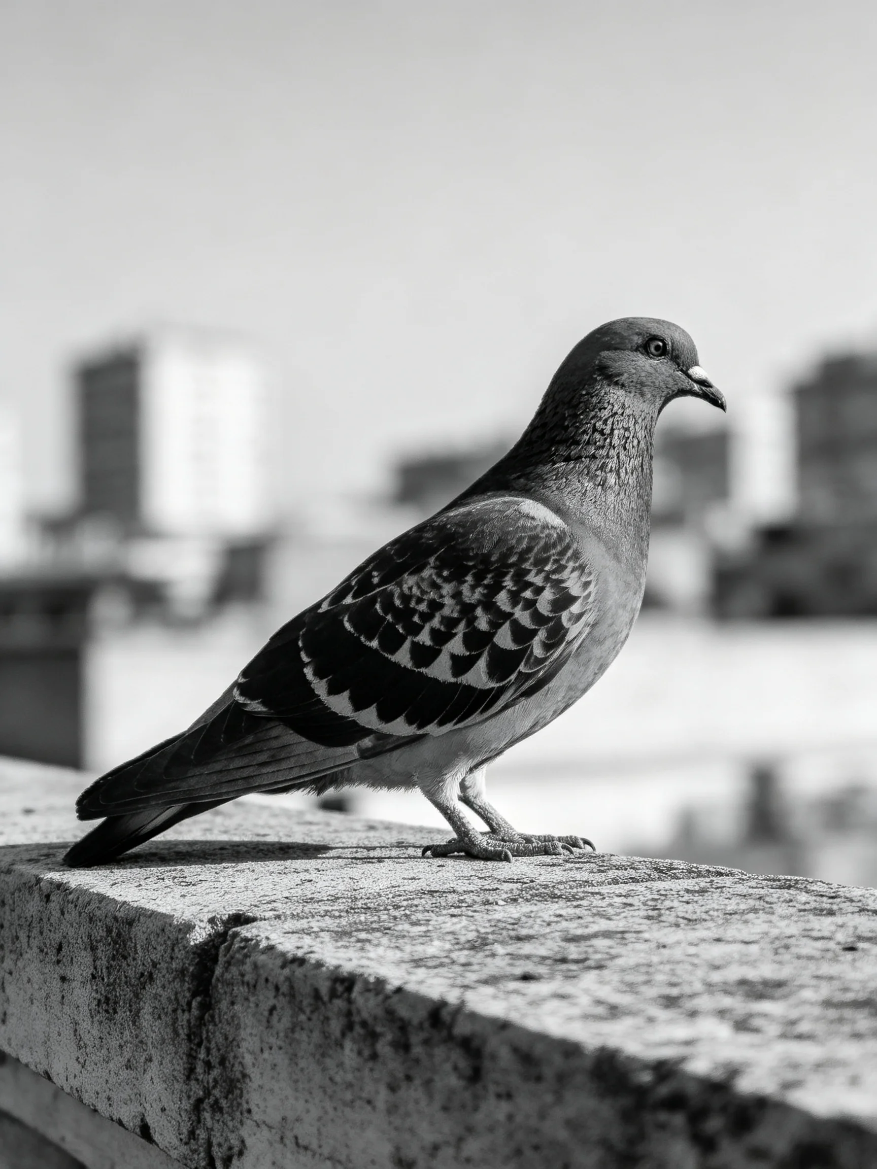 A pigeon perched on a weathered concrete ledge with blurred city buildings