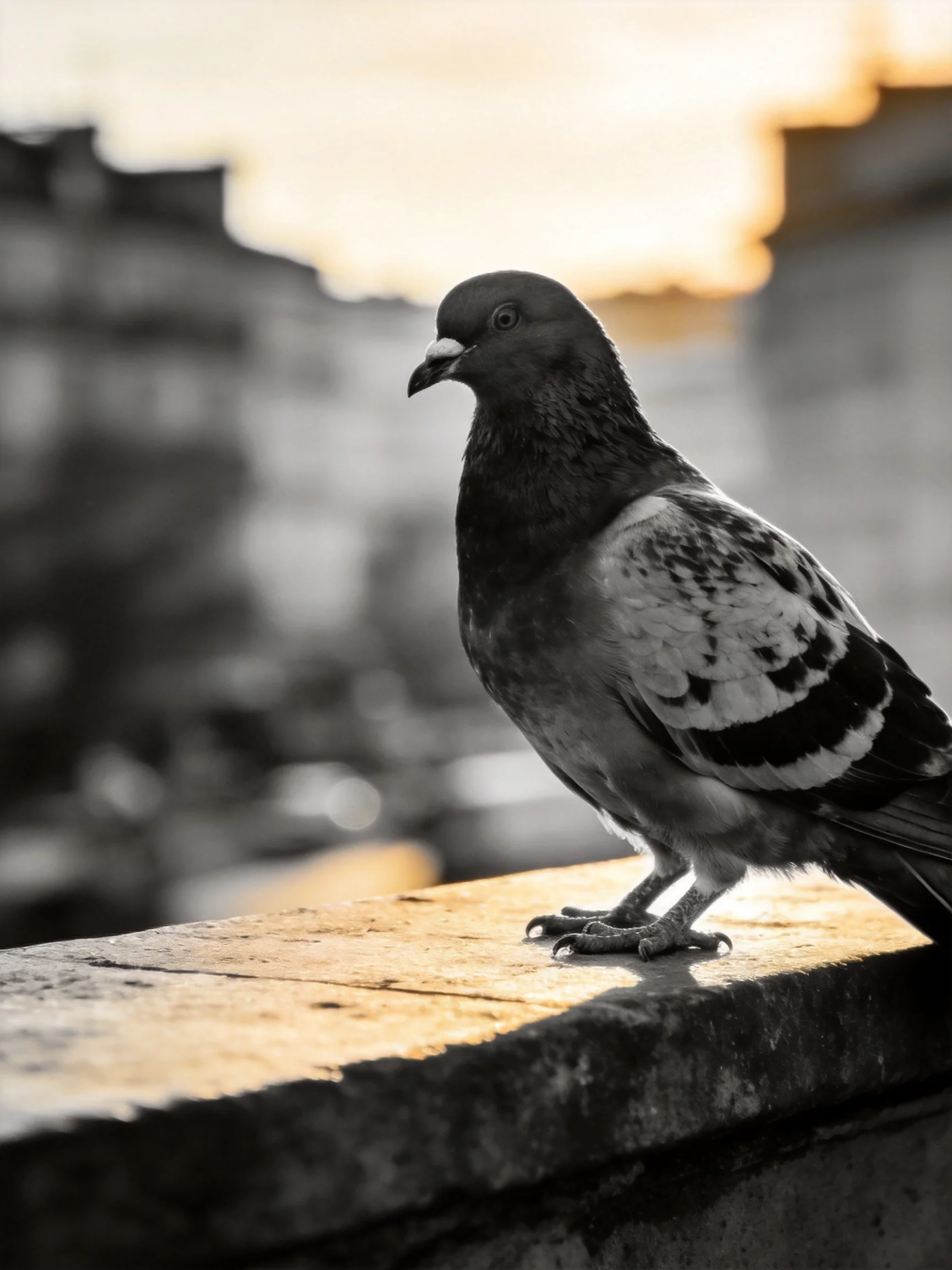 A pigeon perched on a weathered ledge during golden hour