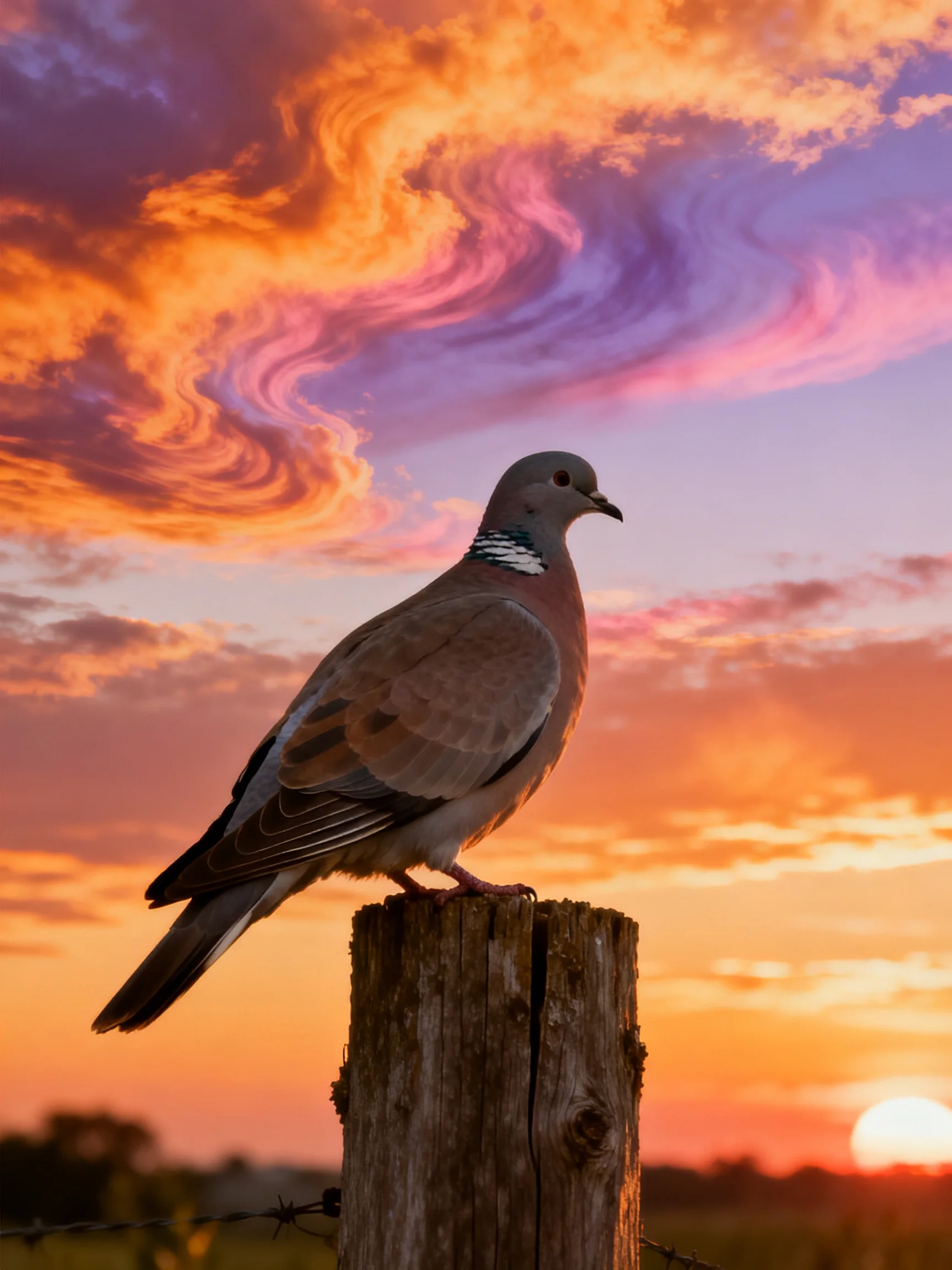 A pigeon perched on a weathered wooden post against vibrant sunset skies