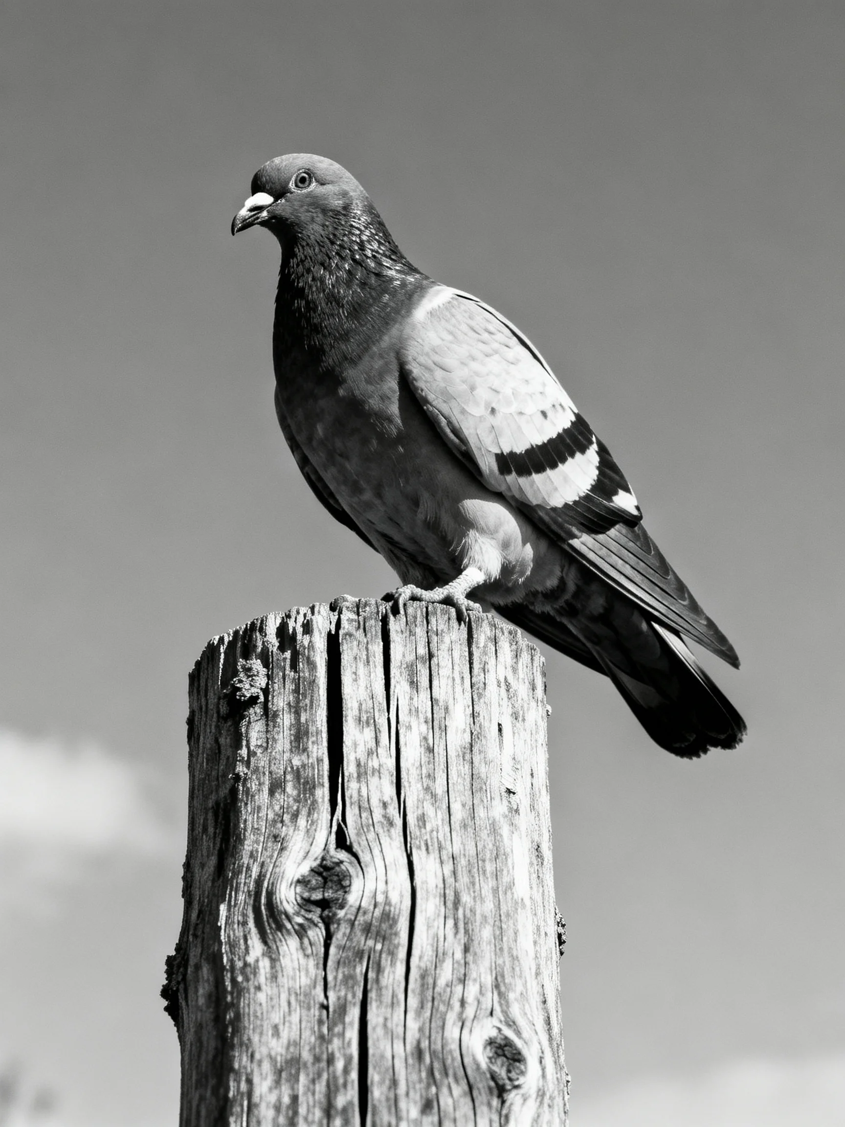 A pigeon perched on a weathered wooden post under a clear sky