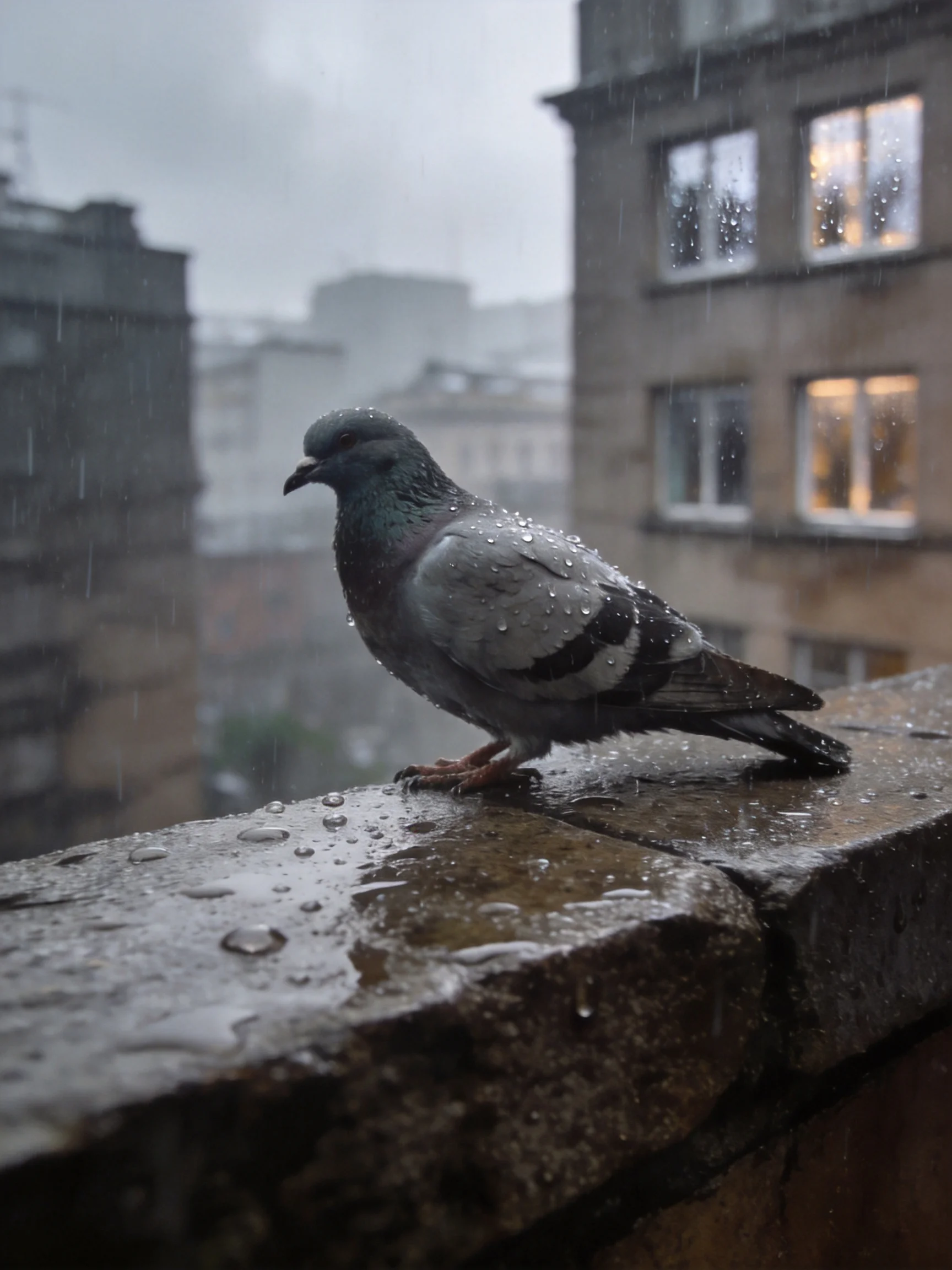A pigeon perched on a wet stone ledge during a rainy day