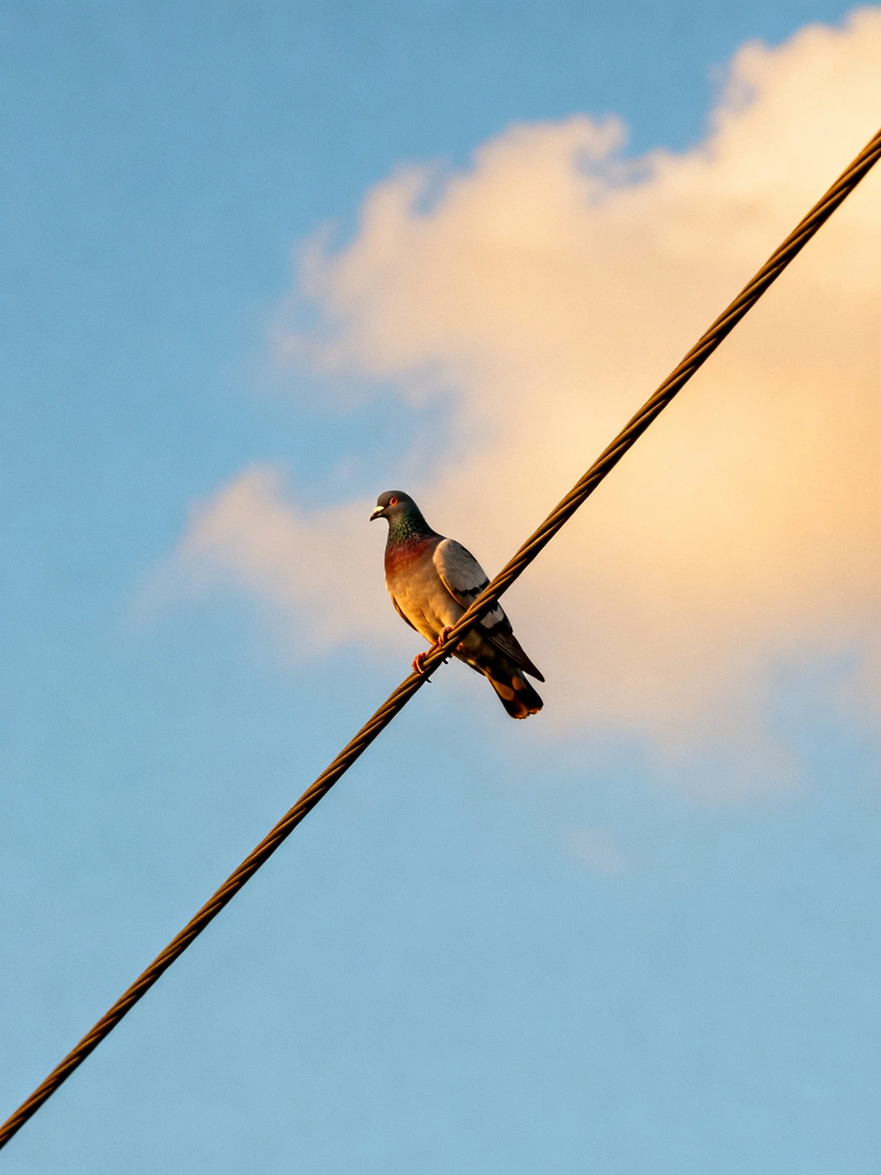 A pigeon perched on a wire amid blue sky and golden clouds