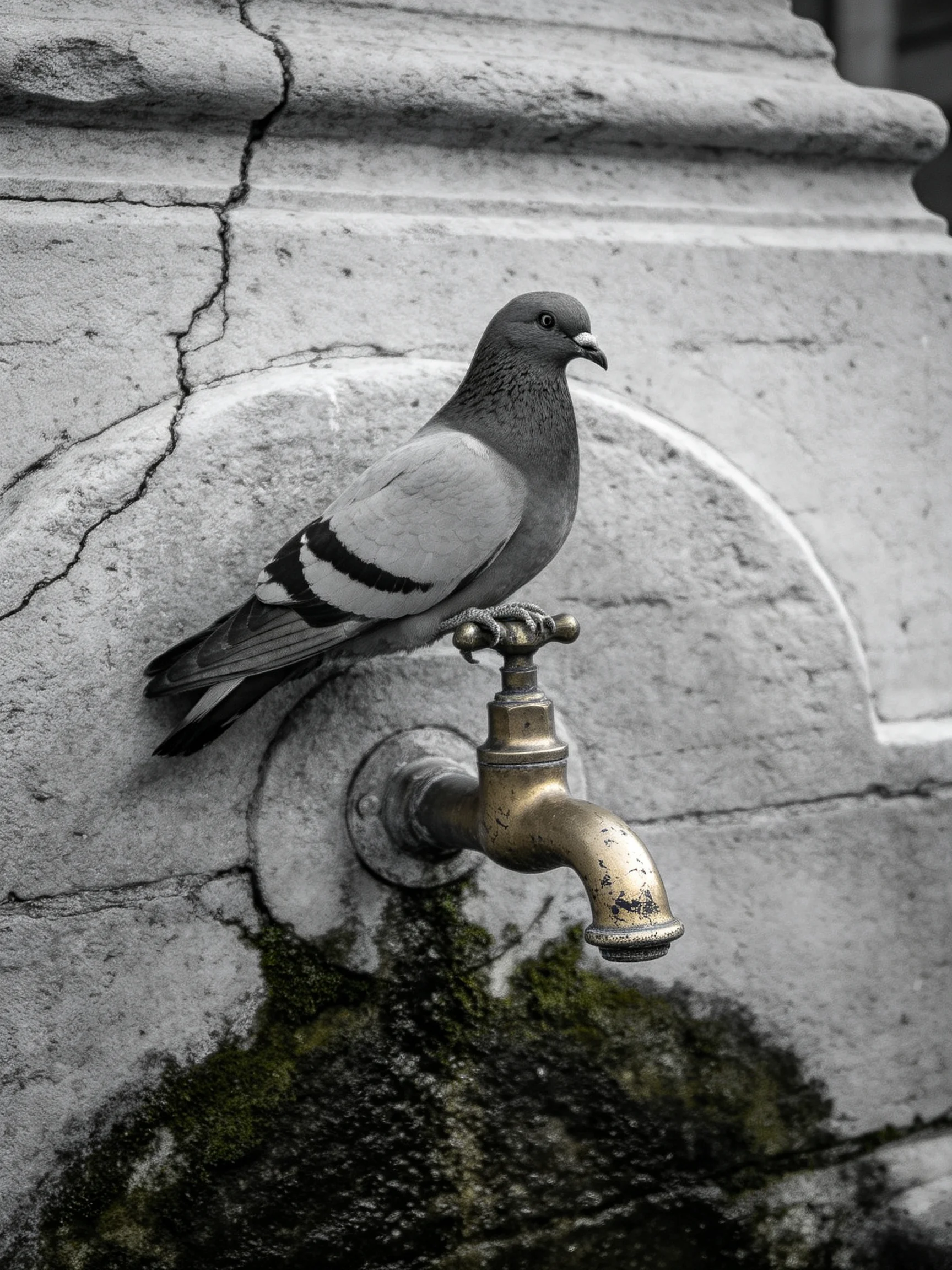 A pigeon perched on an aged brass faucet near a cracked stone structure