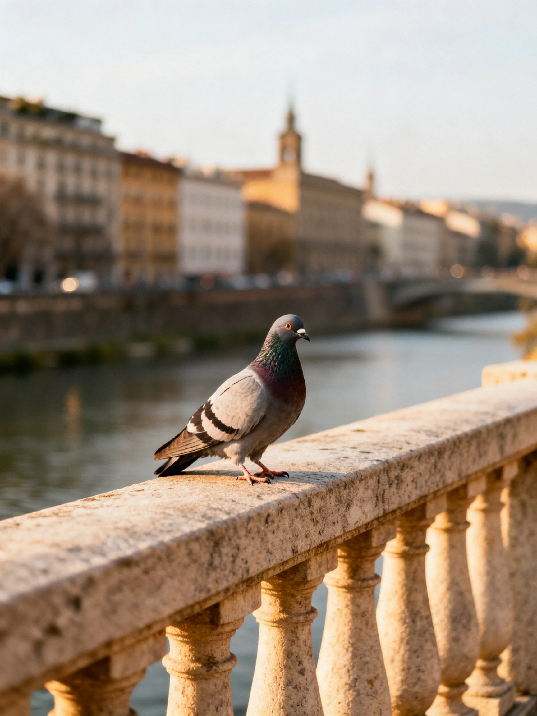 A pigeon perched on an aged stone bridge railing near a calm river