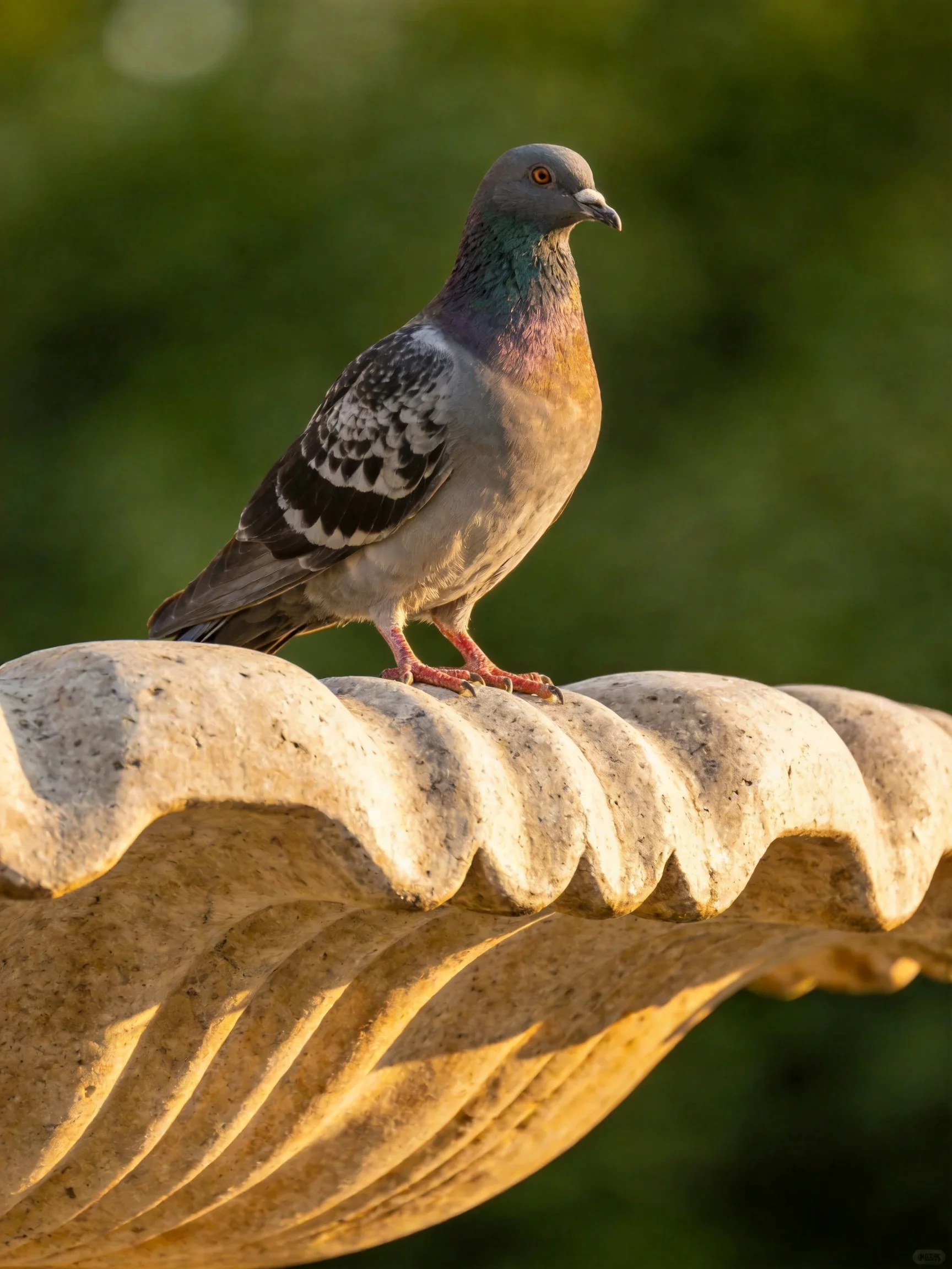 A pigeon perched on an ornate stone fountain with green backdrop