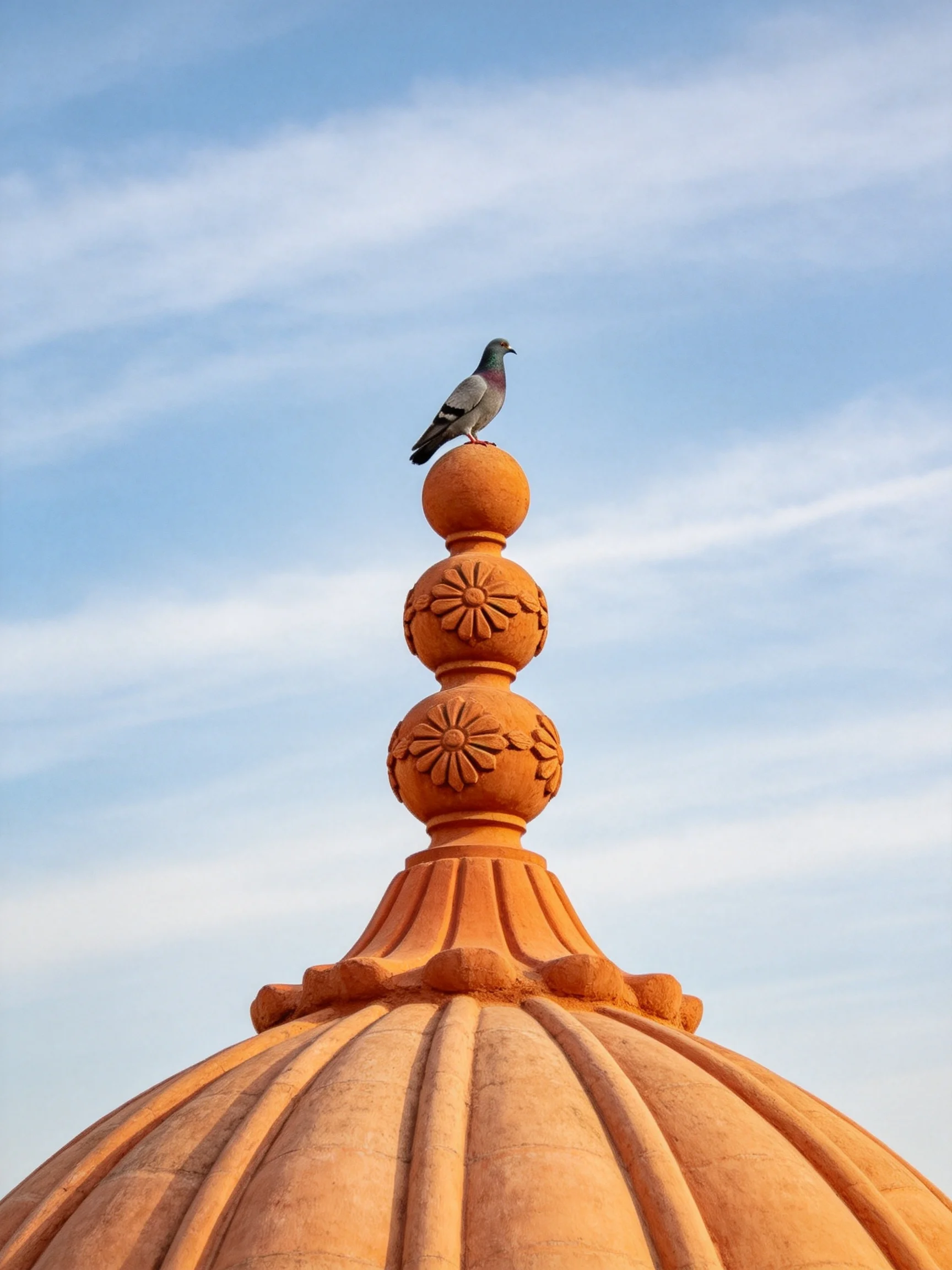 A pigeon perched on an ornate terracotta dome spire under blue sky
