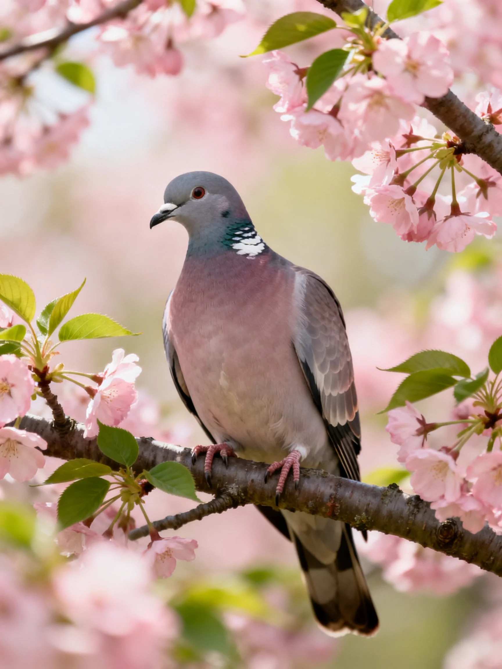 A pigeon sits calmly on cherry blossom branches amidst pink flowers.