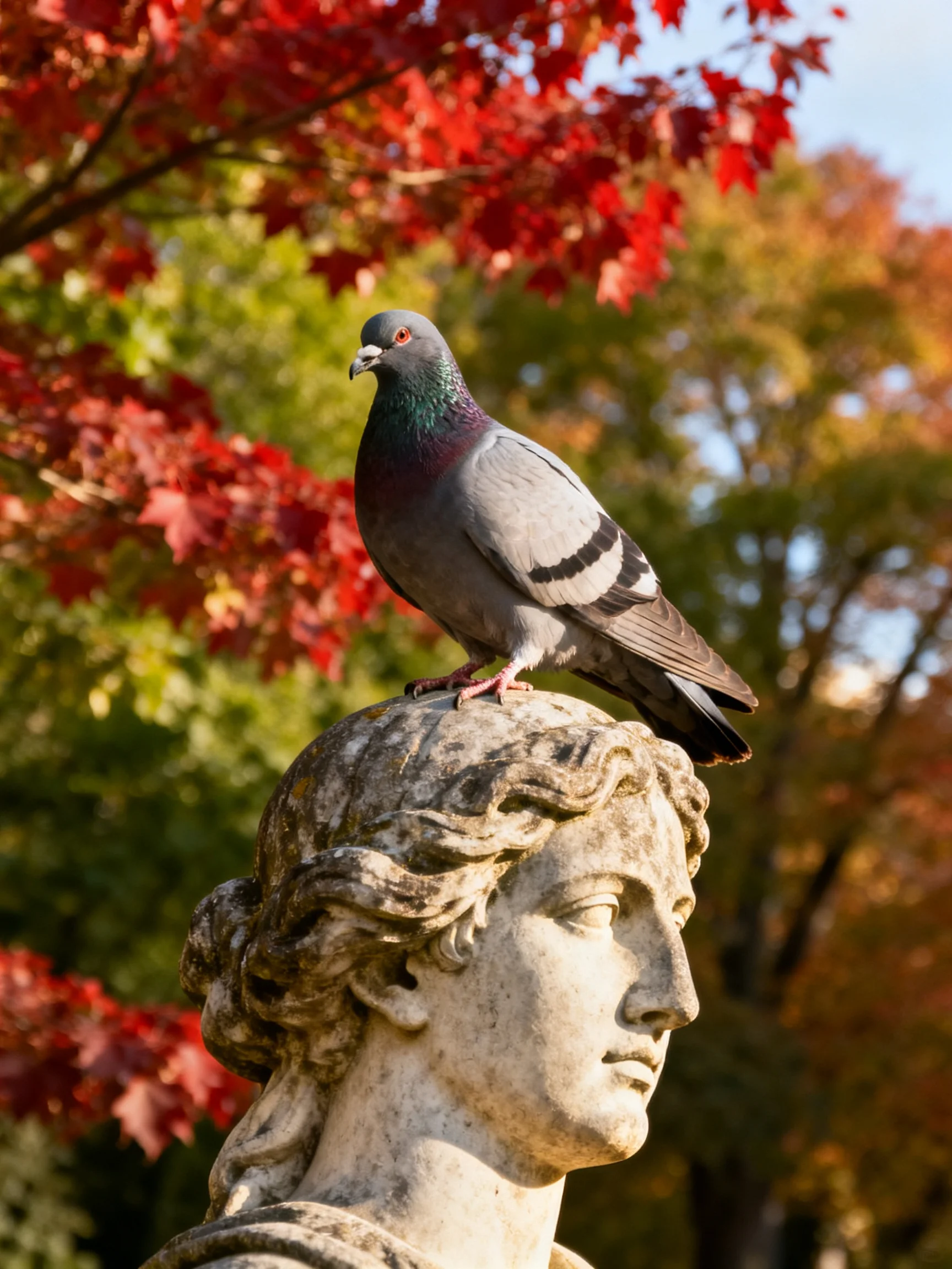 A pigeon rests on a weathered stone statue amid colorful autumn trees.