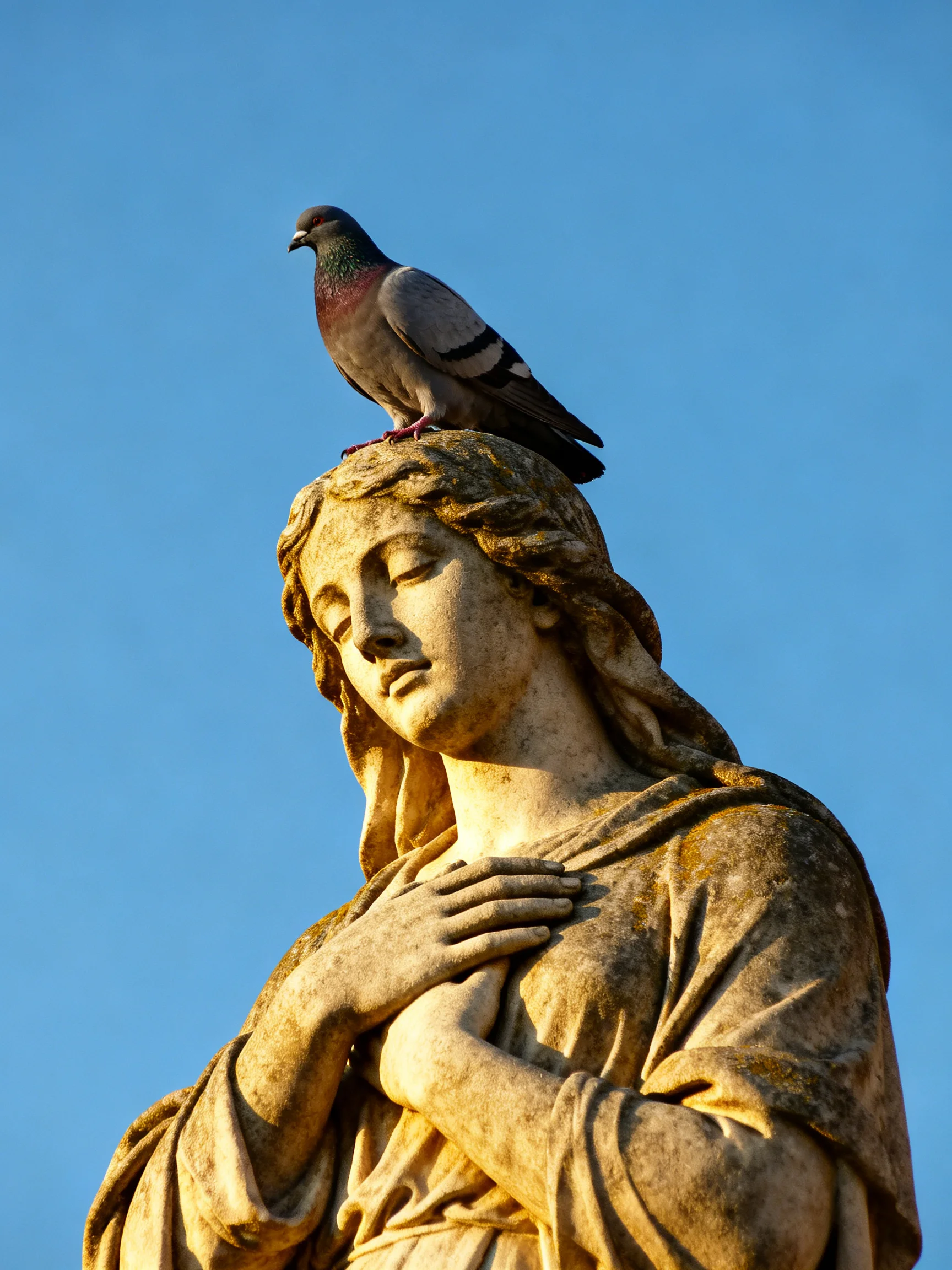 A pigeon rests on top of an ancient stone statue under a clear blue sky.