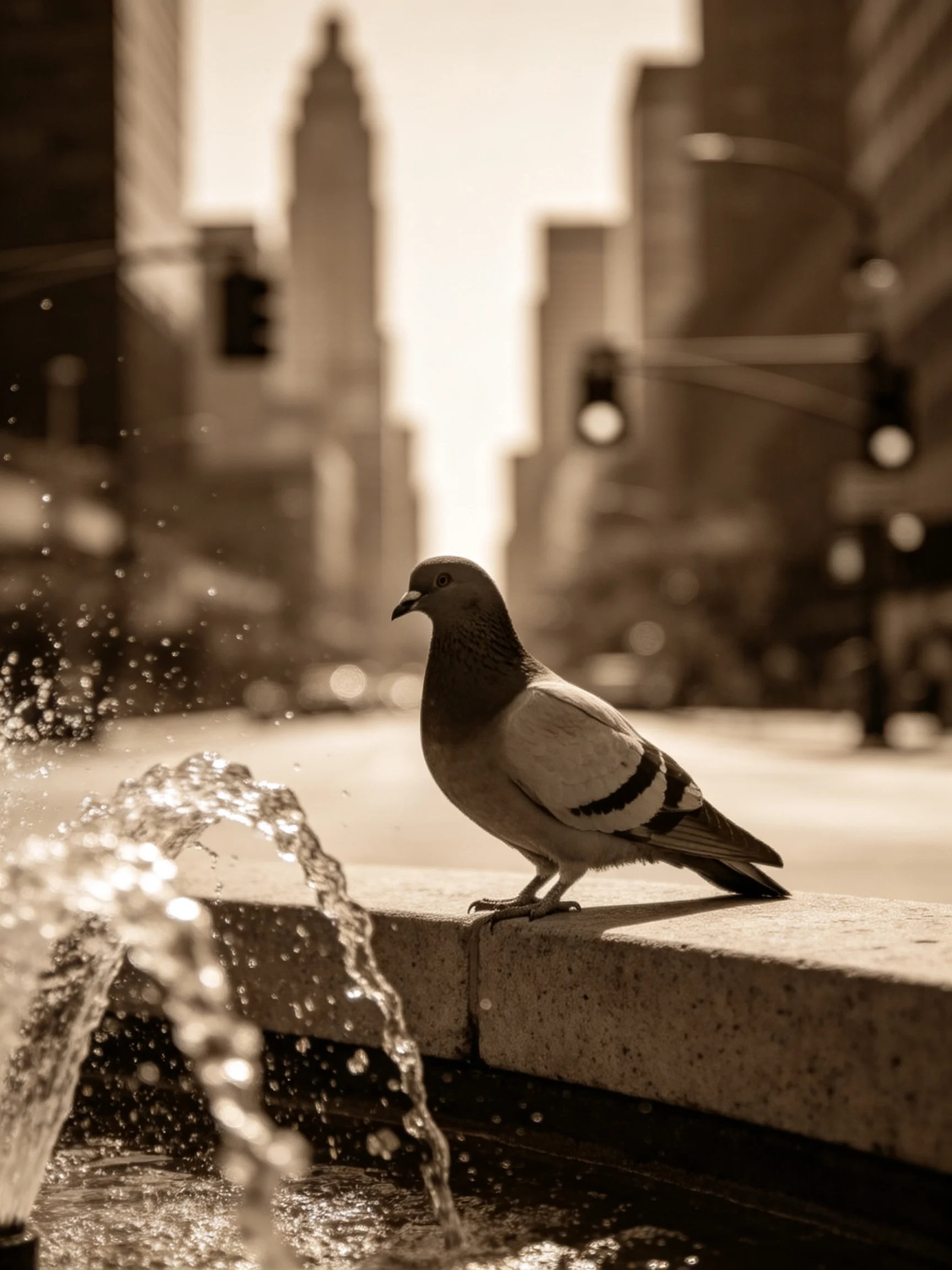 A pigeon rests near a fountain in an urban environment with tall buildings.