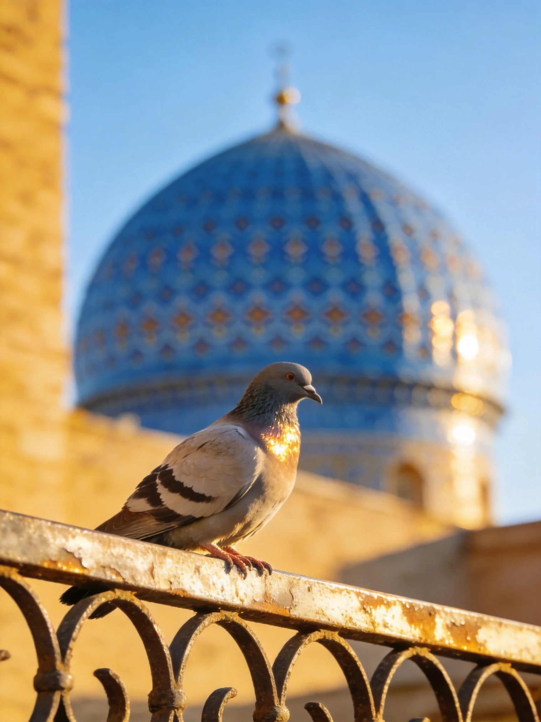 A pigeon perches near a grand blue-tiled domed structure