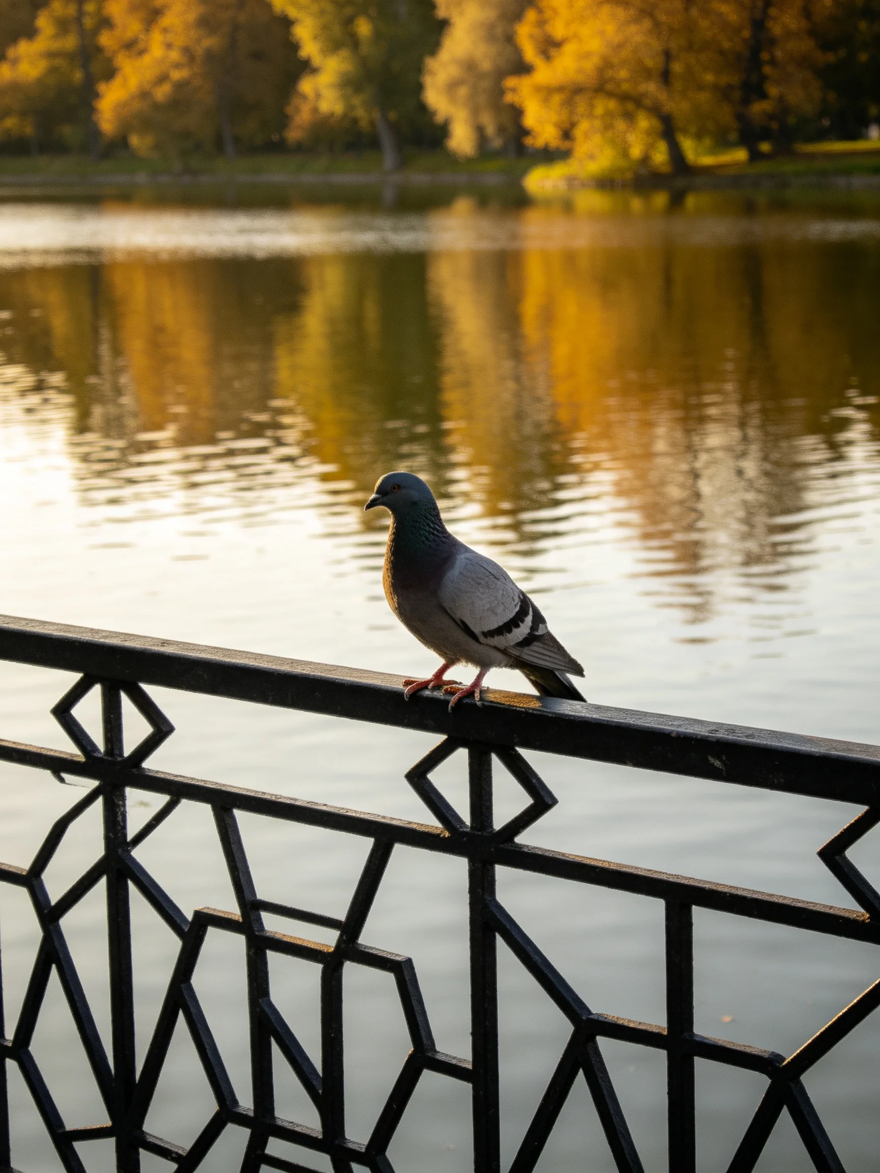 A pigeon perches on a black metal railing by golden autumn trees over calm water