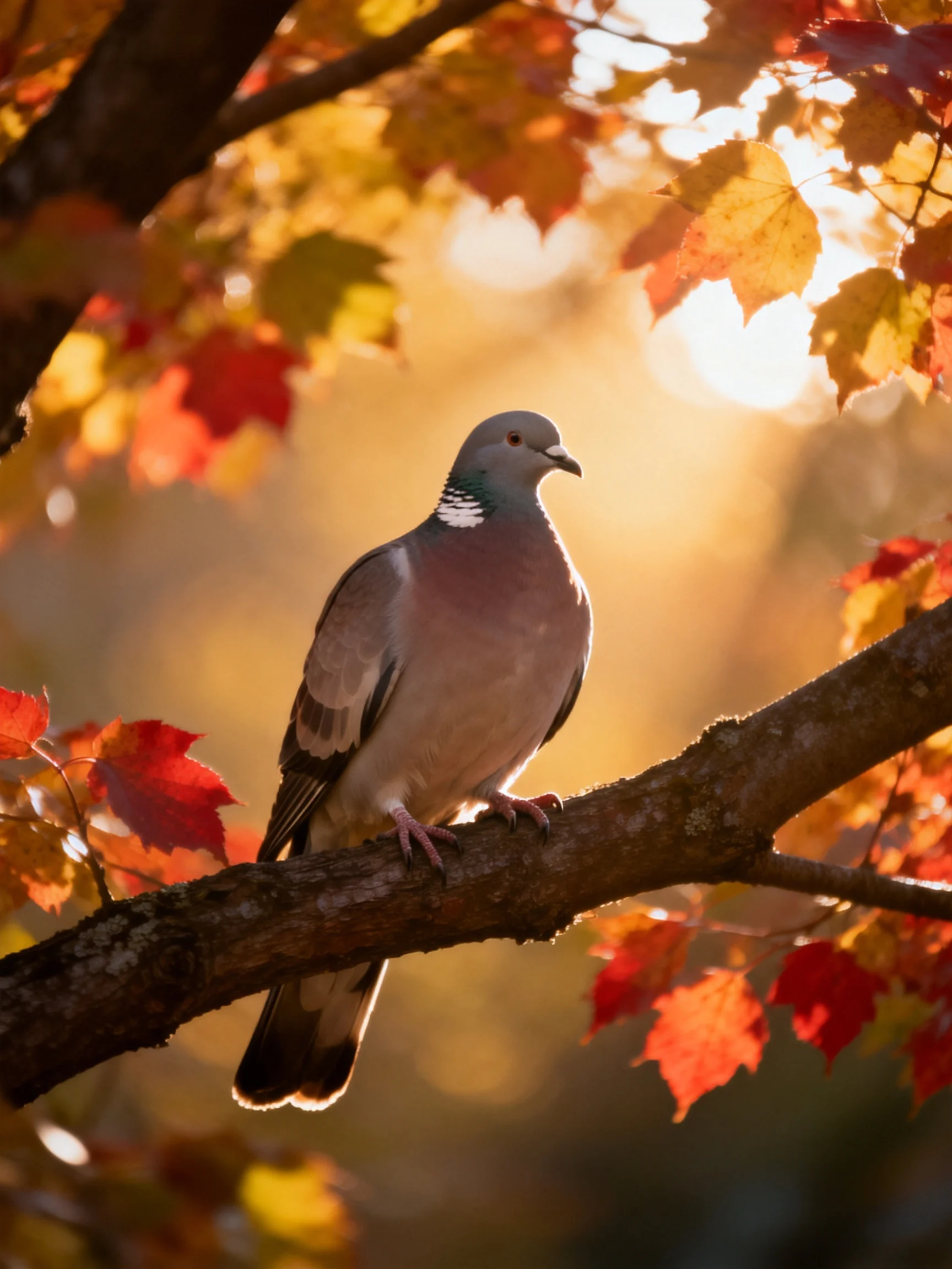A pigeon perches on a branch amid vibrant autumn foliage