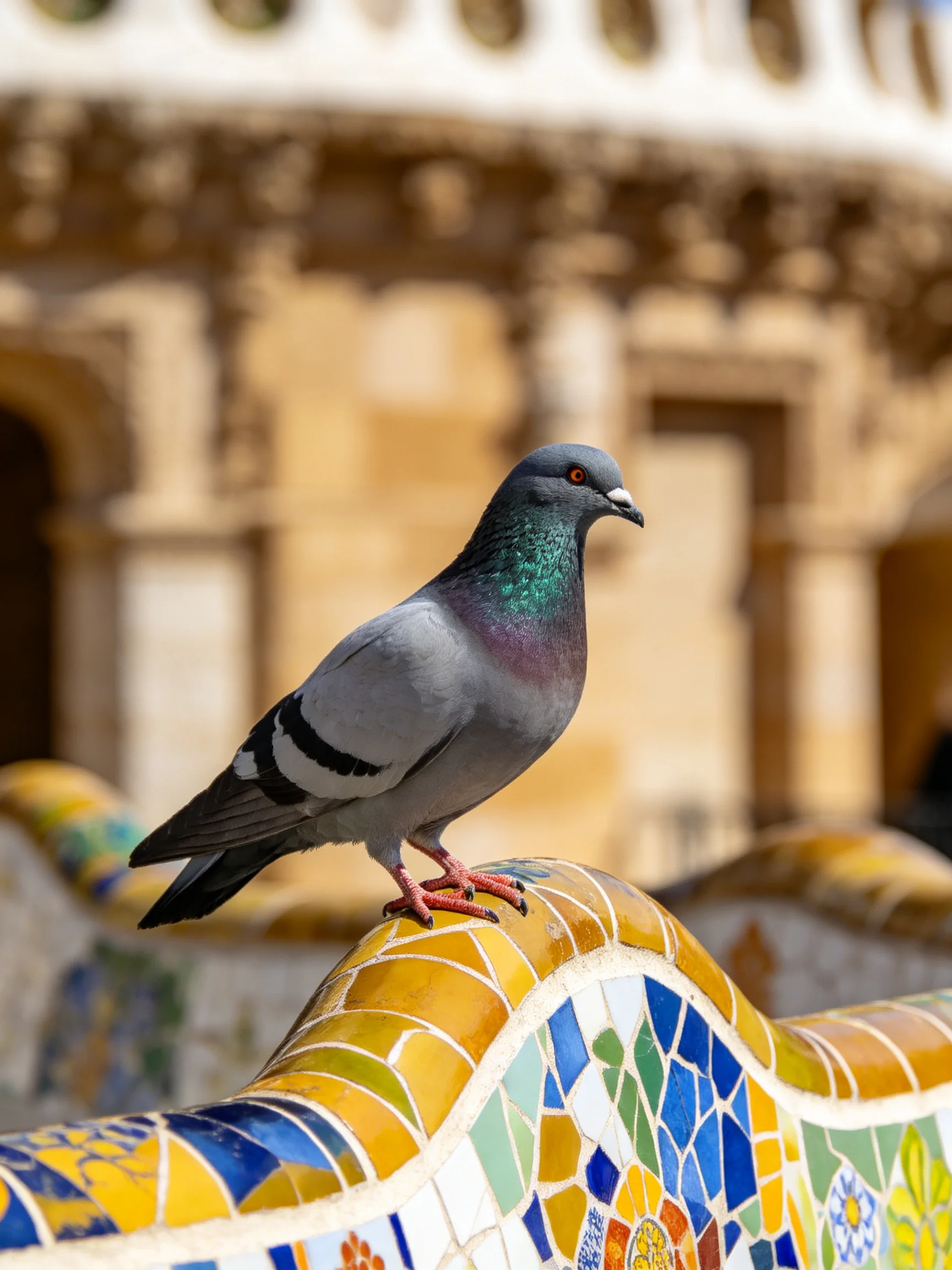 A pigeon perches on a colorful mosaic structure near an old stone building