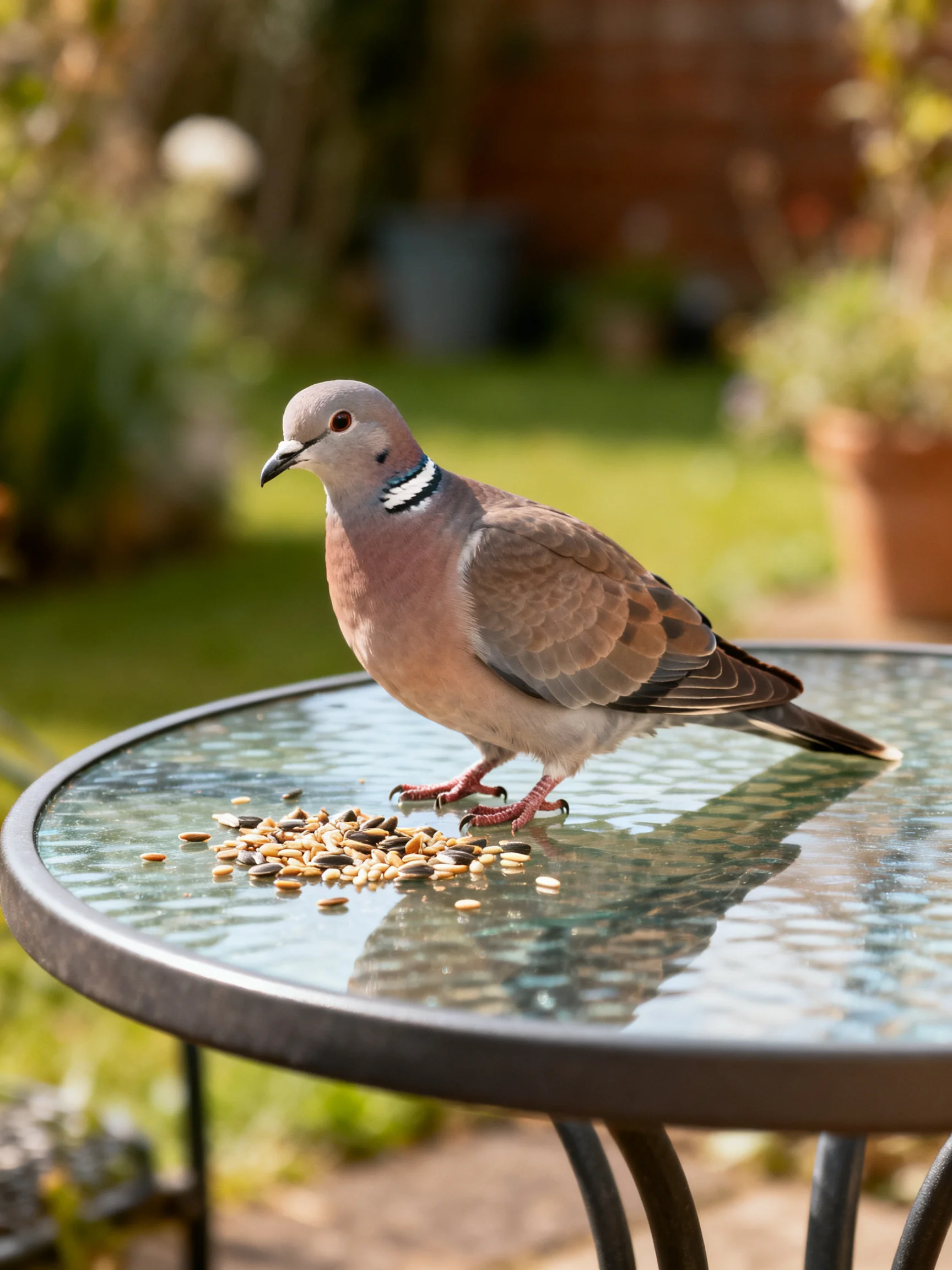 A pigeon perches on a glass table with scattered seeds in a sunlit garden
