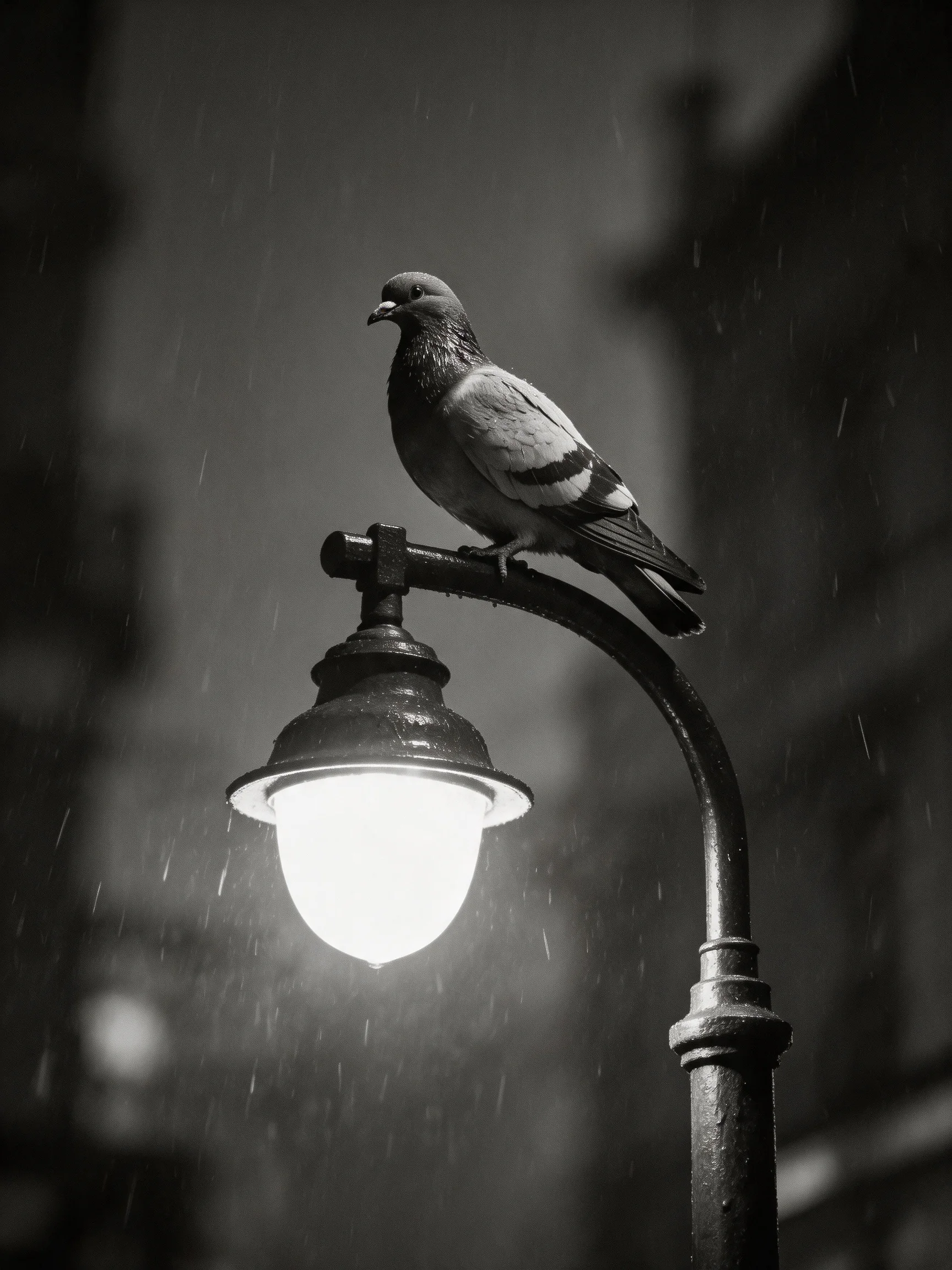 A pigeon perches on a glowing streetlamp amidst falling rain