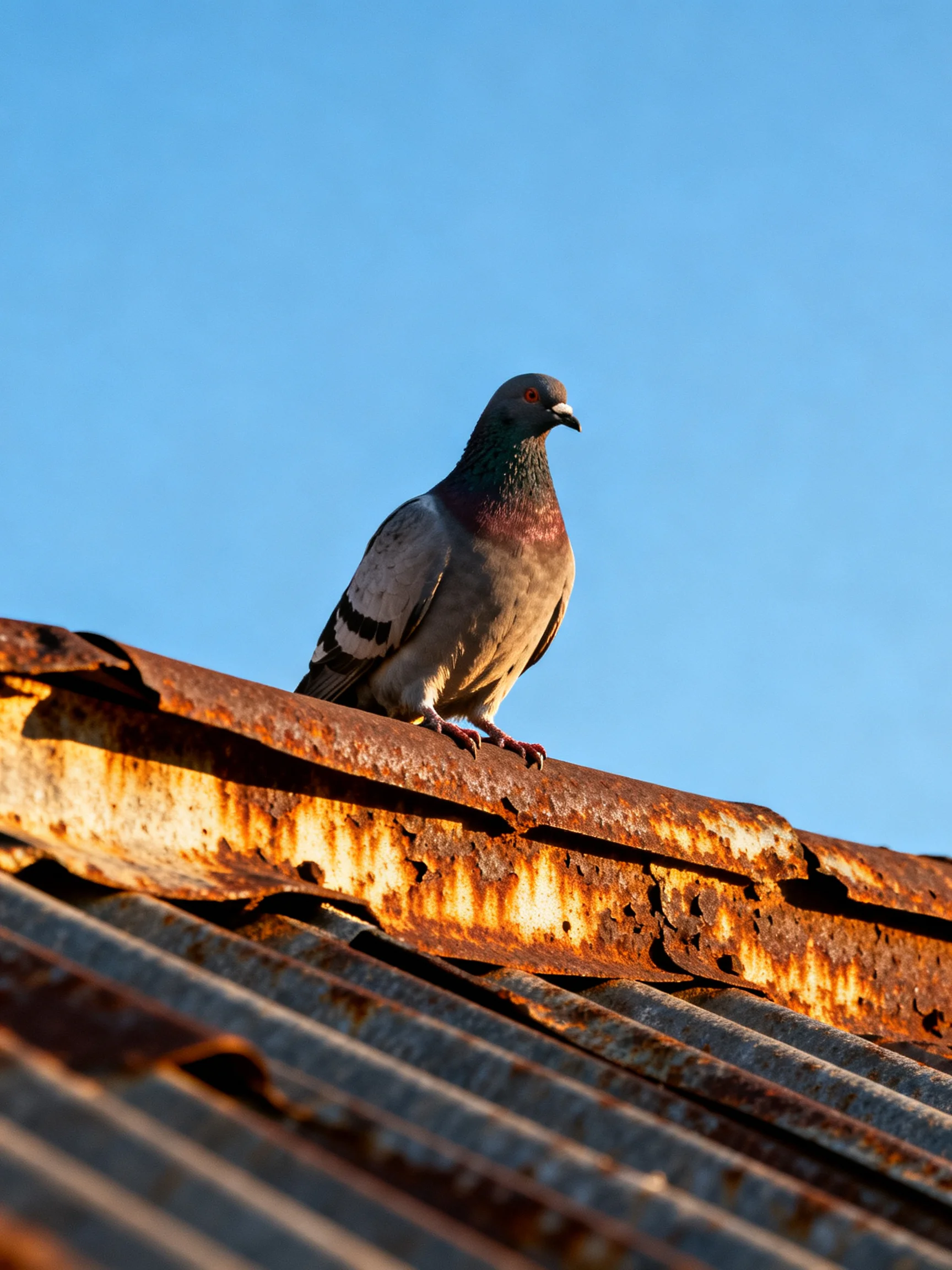 A pigeon perches on a heavily rusted corrugated metal roof under clear blue sky