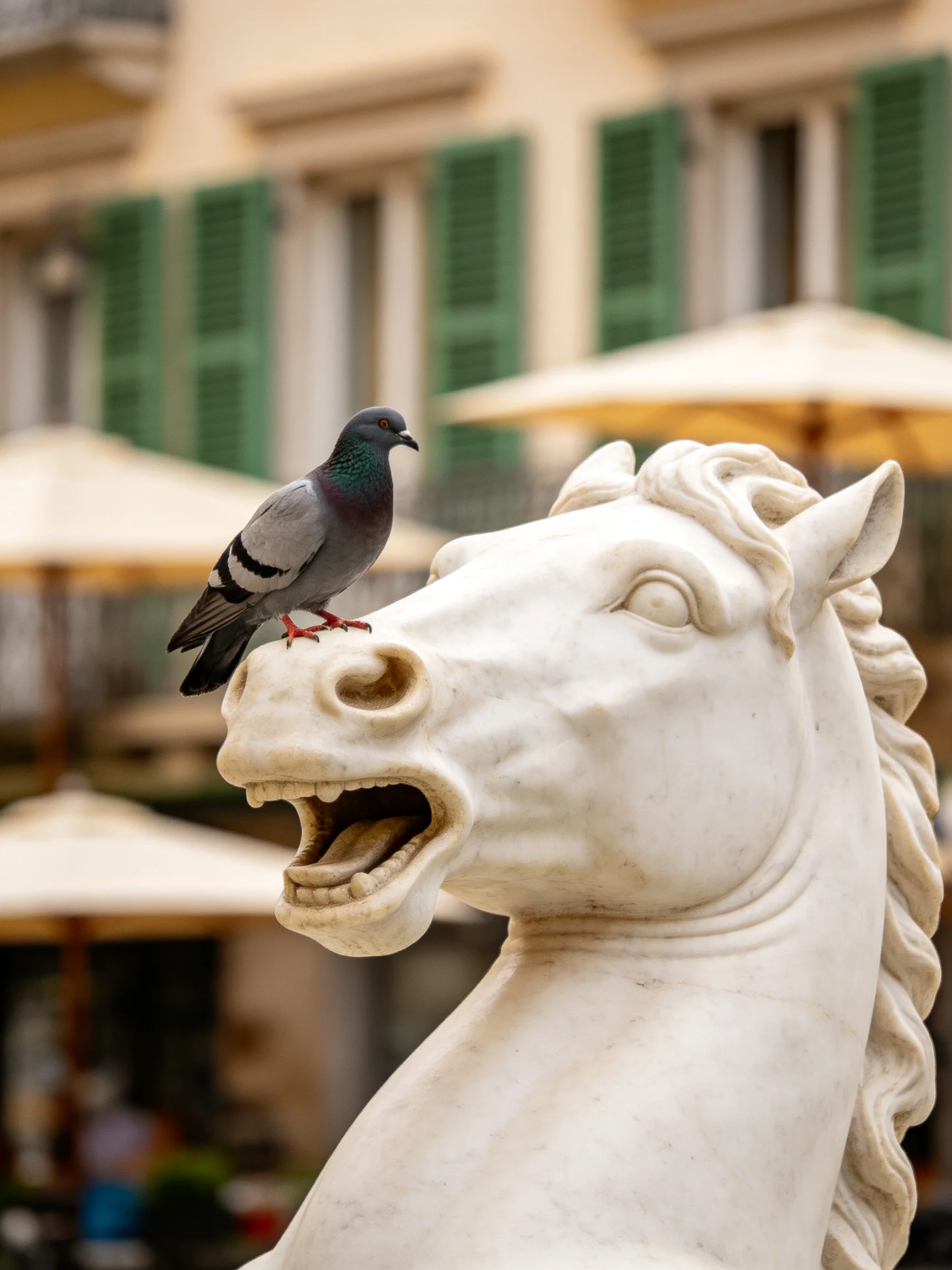 A pigeon perches on a laughing white marble horse statue