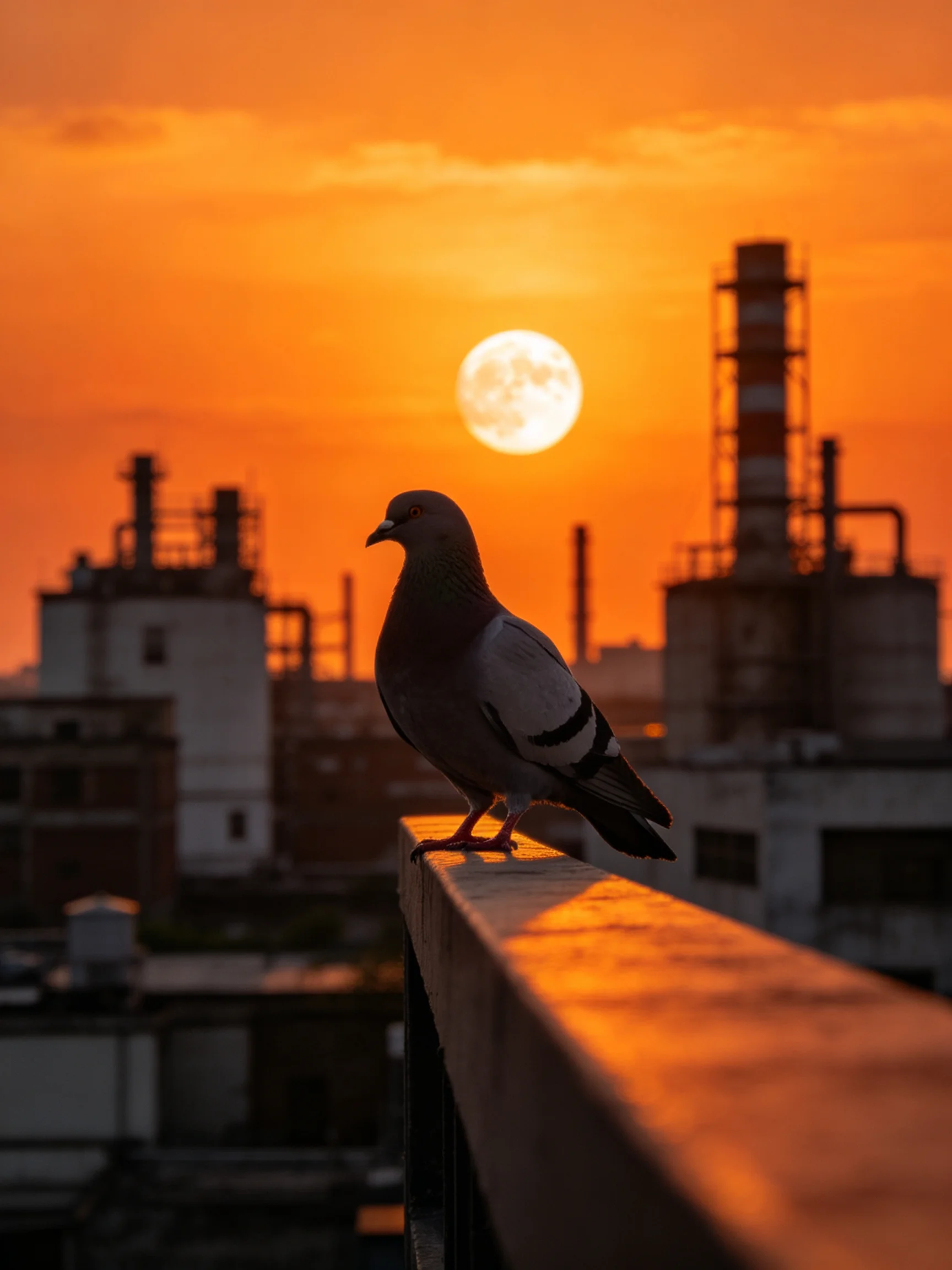 A pigeon perches on a ledge amid industrial buildings under an orange sunset