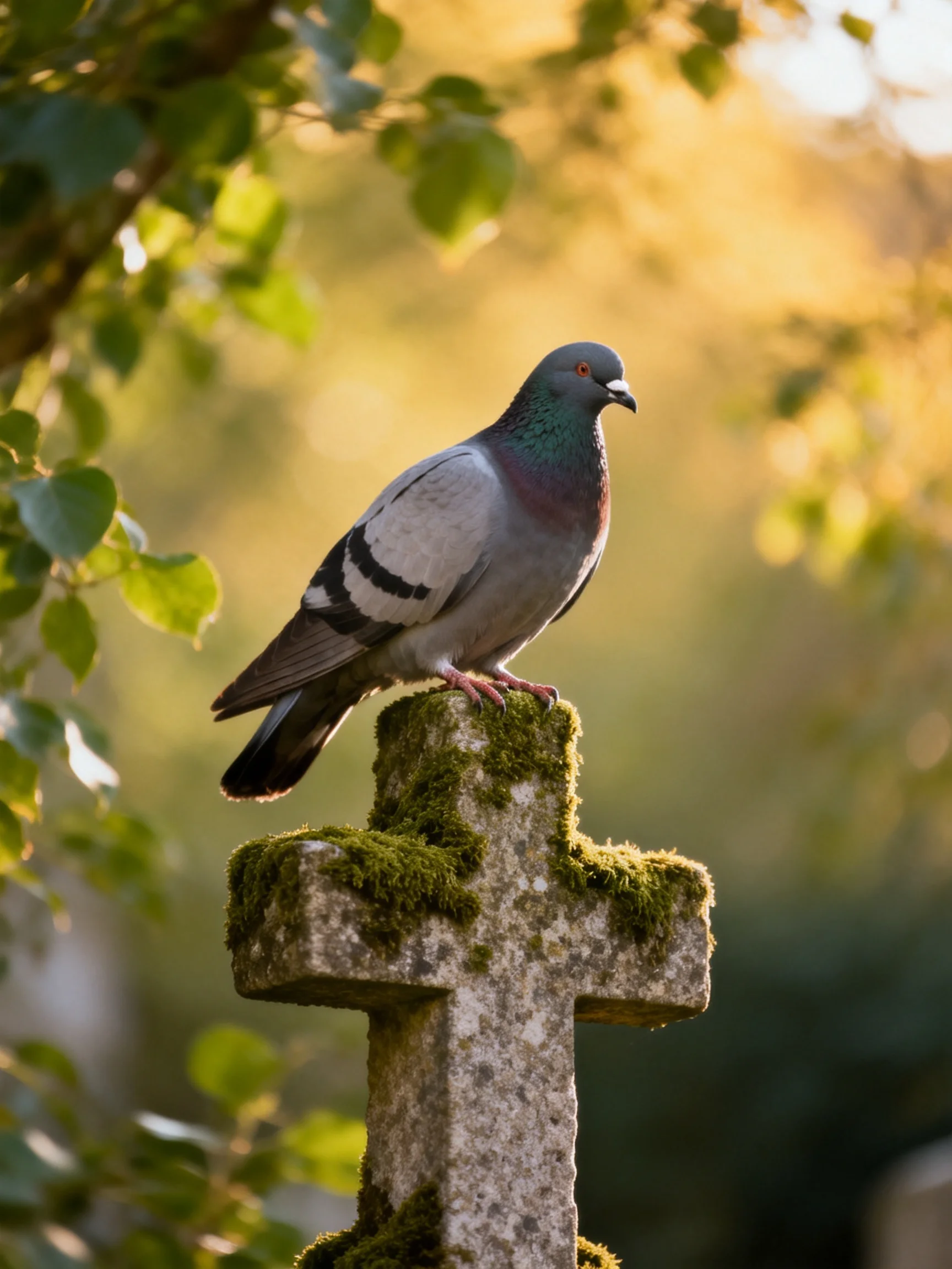 A pigeon perches on a moss-covered stone cross amid golden foliage