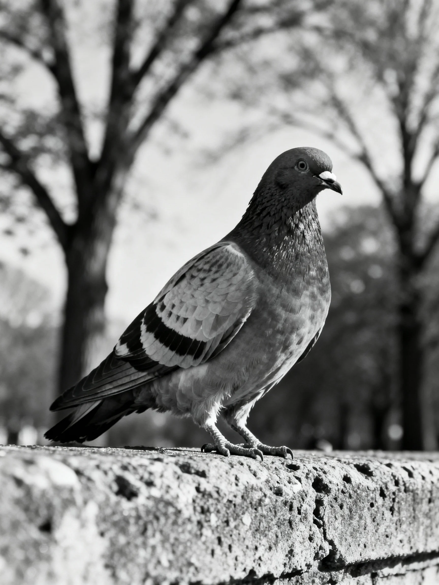 A pigeon perches on a rough stone ledge with leafless trees in the distance