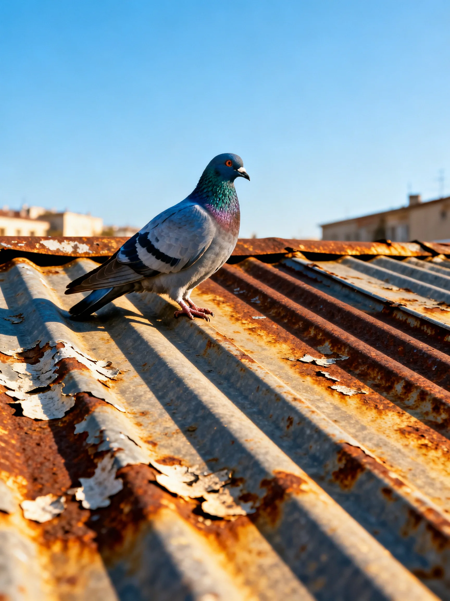 A pigeon perches on a rusted corrugated metal roof under clear blue sky