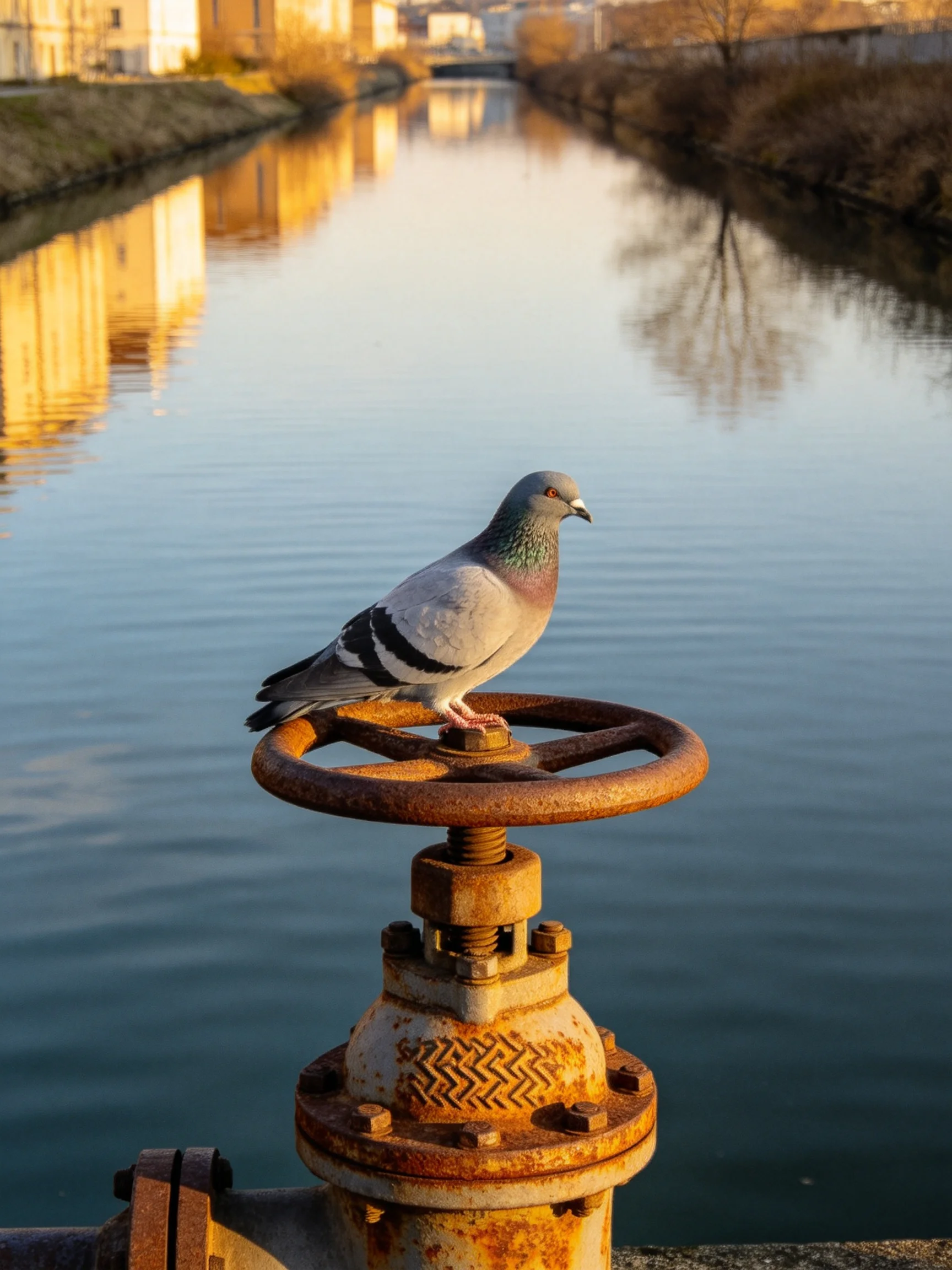 A pigeon perches on a rusted industrial valve beside a calm waterway