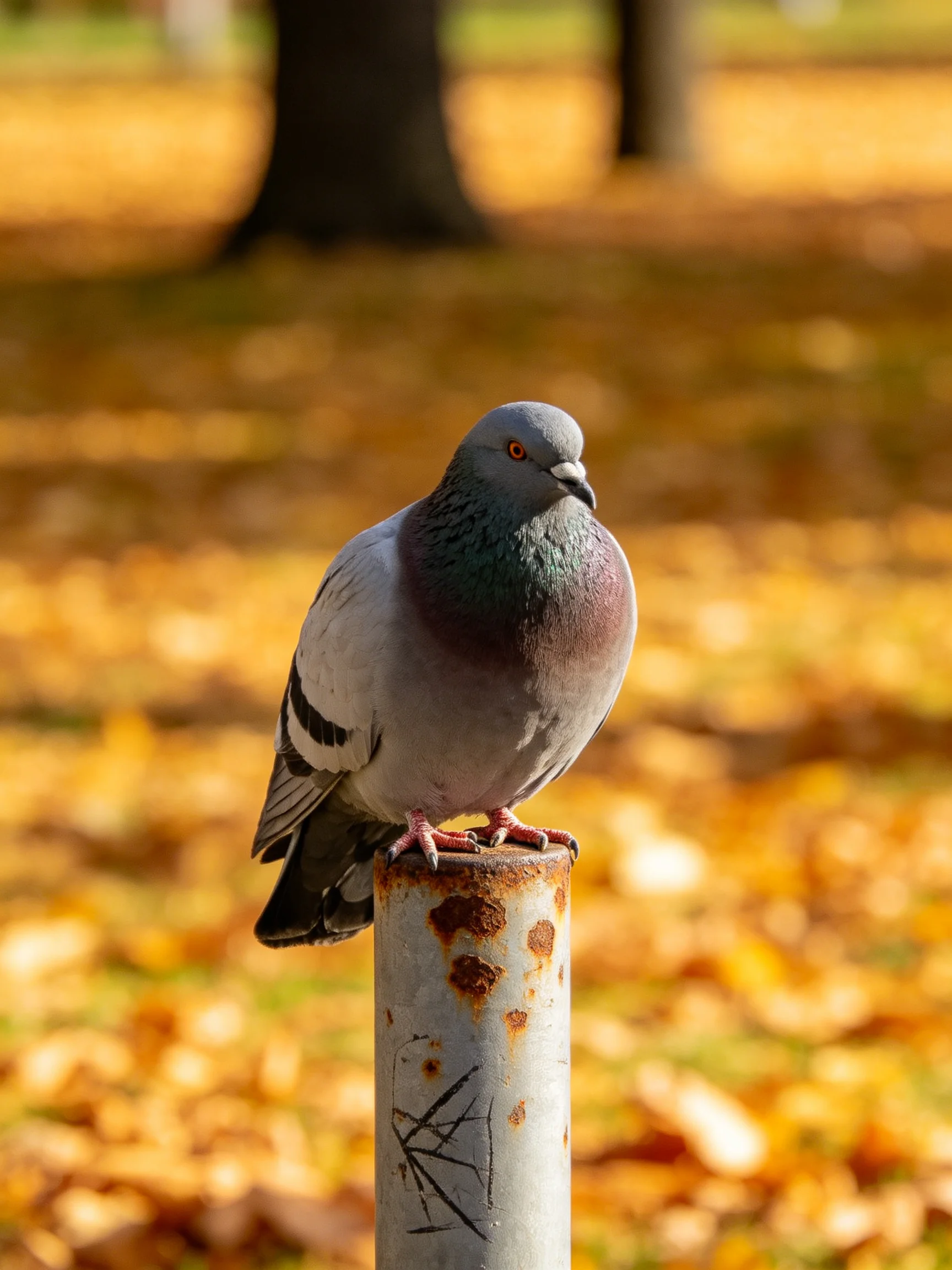 A pigeon perches on a rusted metal post amid golden autumn leaves