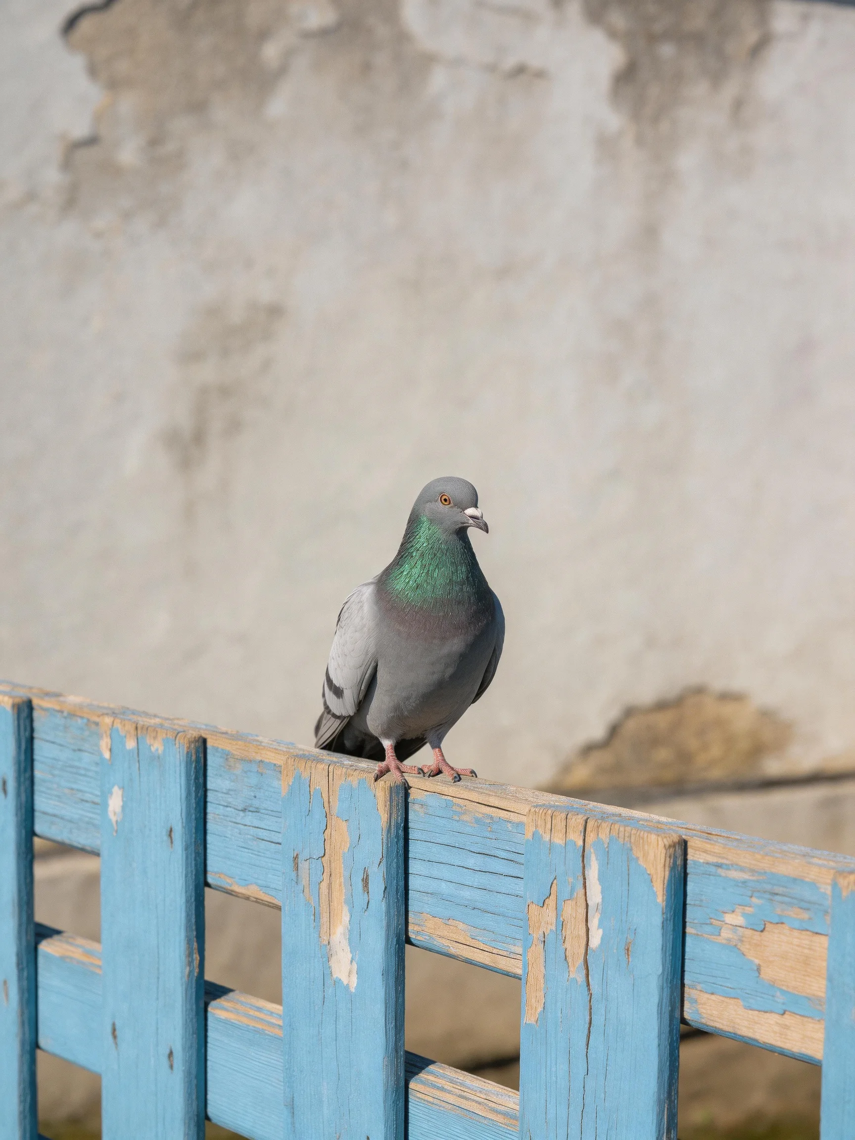 A pigeon rests on an aged blue wooden fence near a gray wall