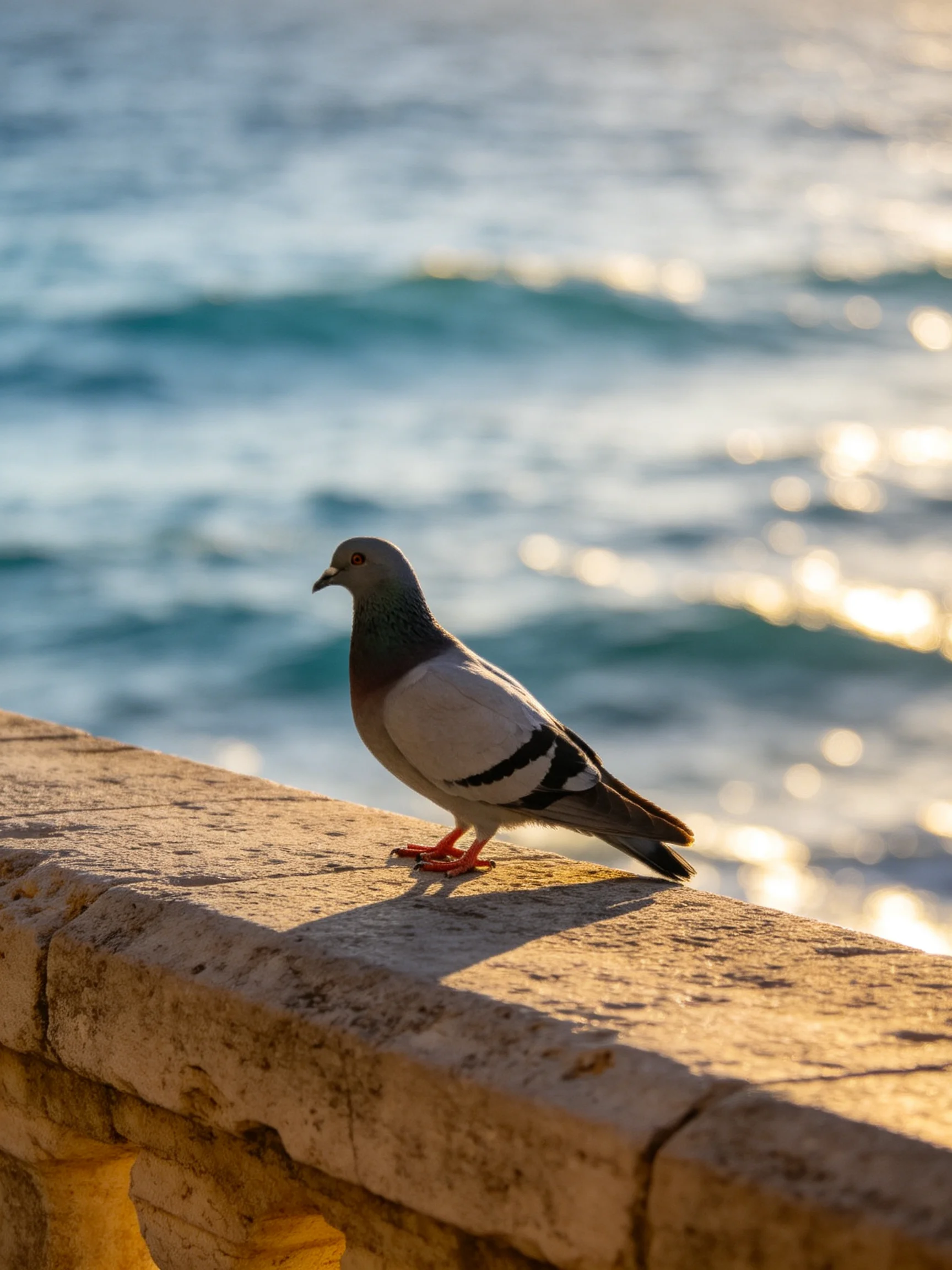 A pigeon stands on a stone ledge near the shimmering ocean