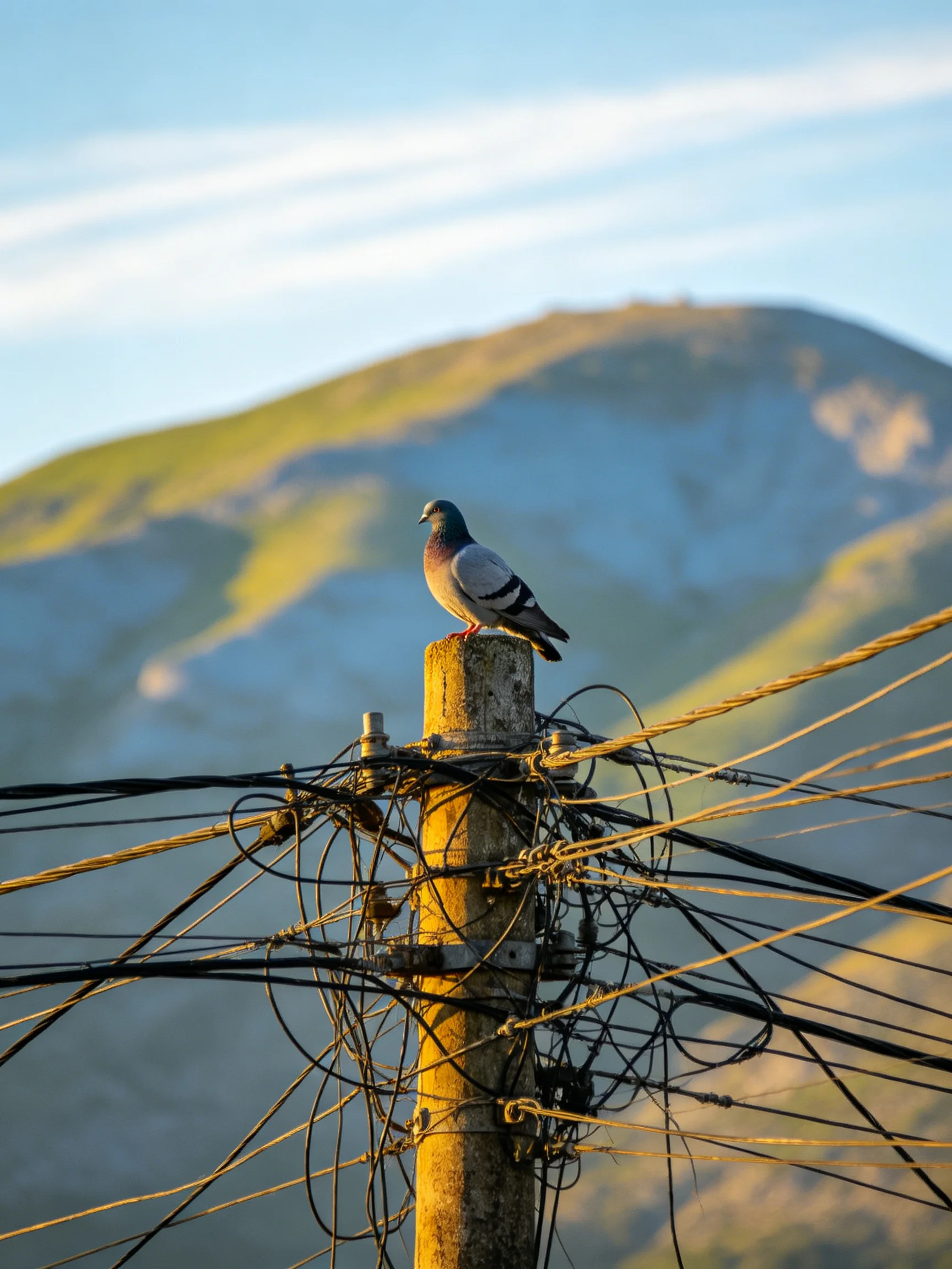 A pigeon sits on a tangled utility pole near mountains.