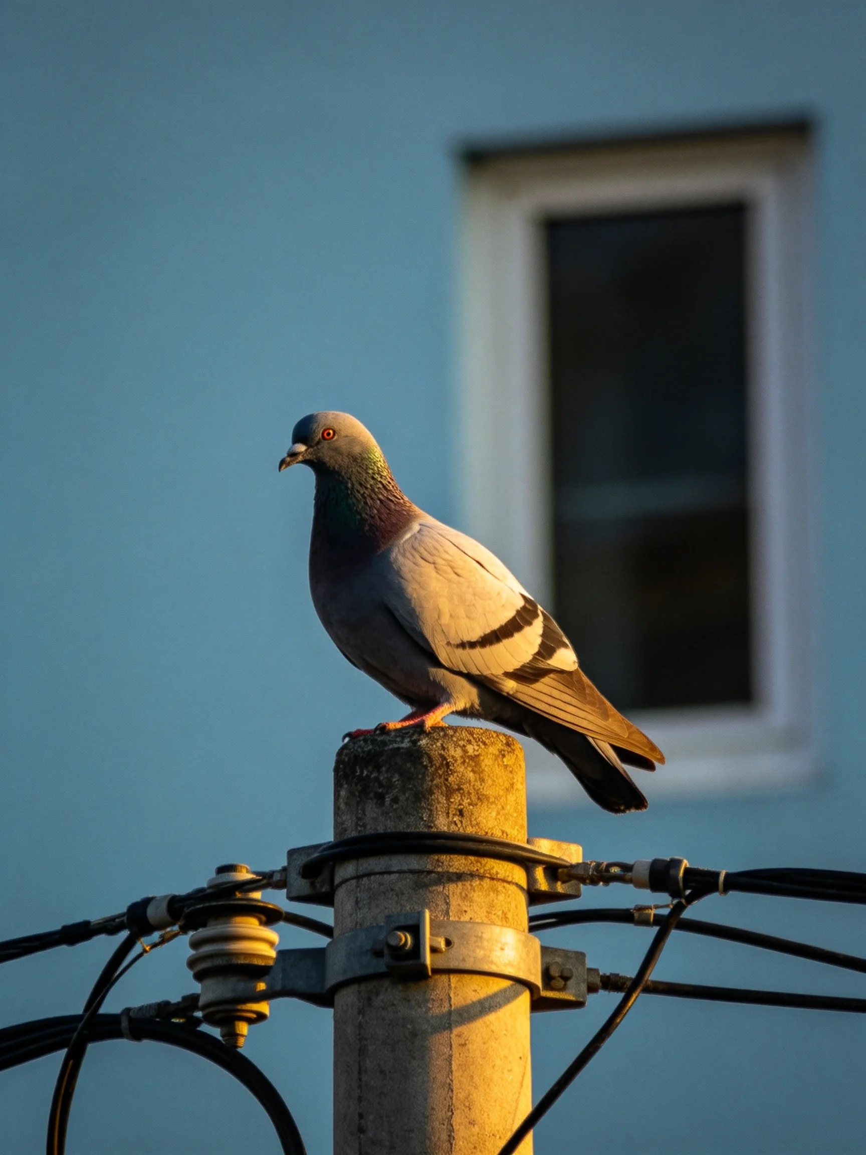 A pigeon perches on a weathered utility pole near a blue building